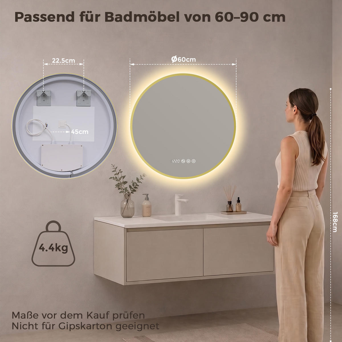BADSPIEGEL mit Beleuchtung 60 cm rund gold mit Aluminiumrahmen, LED dimmbar und Antibeschlag - Goldfarben, Glas (60/60/3.3cm) - S'AFIELINA