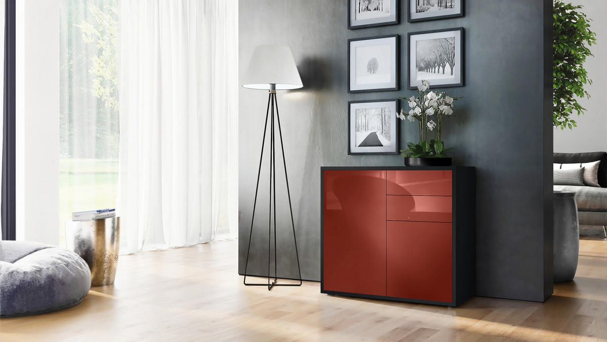KOMMODE Ben Front in Bordeaux Hochglanz - Bordeaux, Holzwerkstoff (79/74/36cm) - Vladon