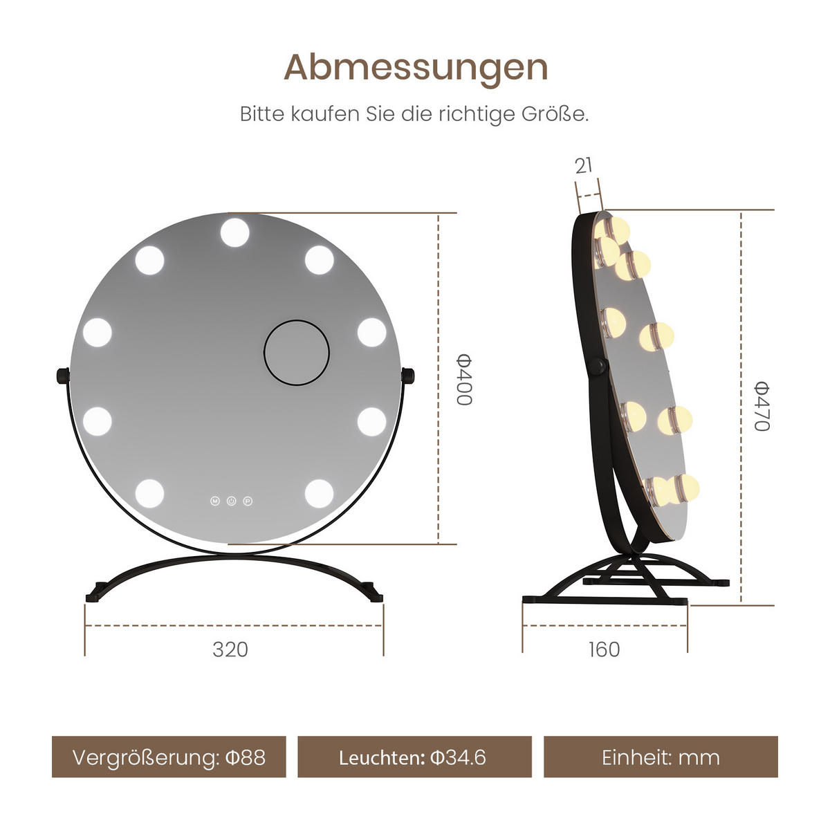 KOSMETIKSPIEGEL Runder mit Beleuchtung, Schwarz, ф40 cm - Schwarz, Glas (40/16/40cm) - EMKE