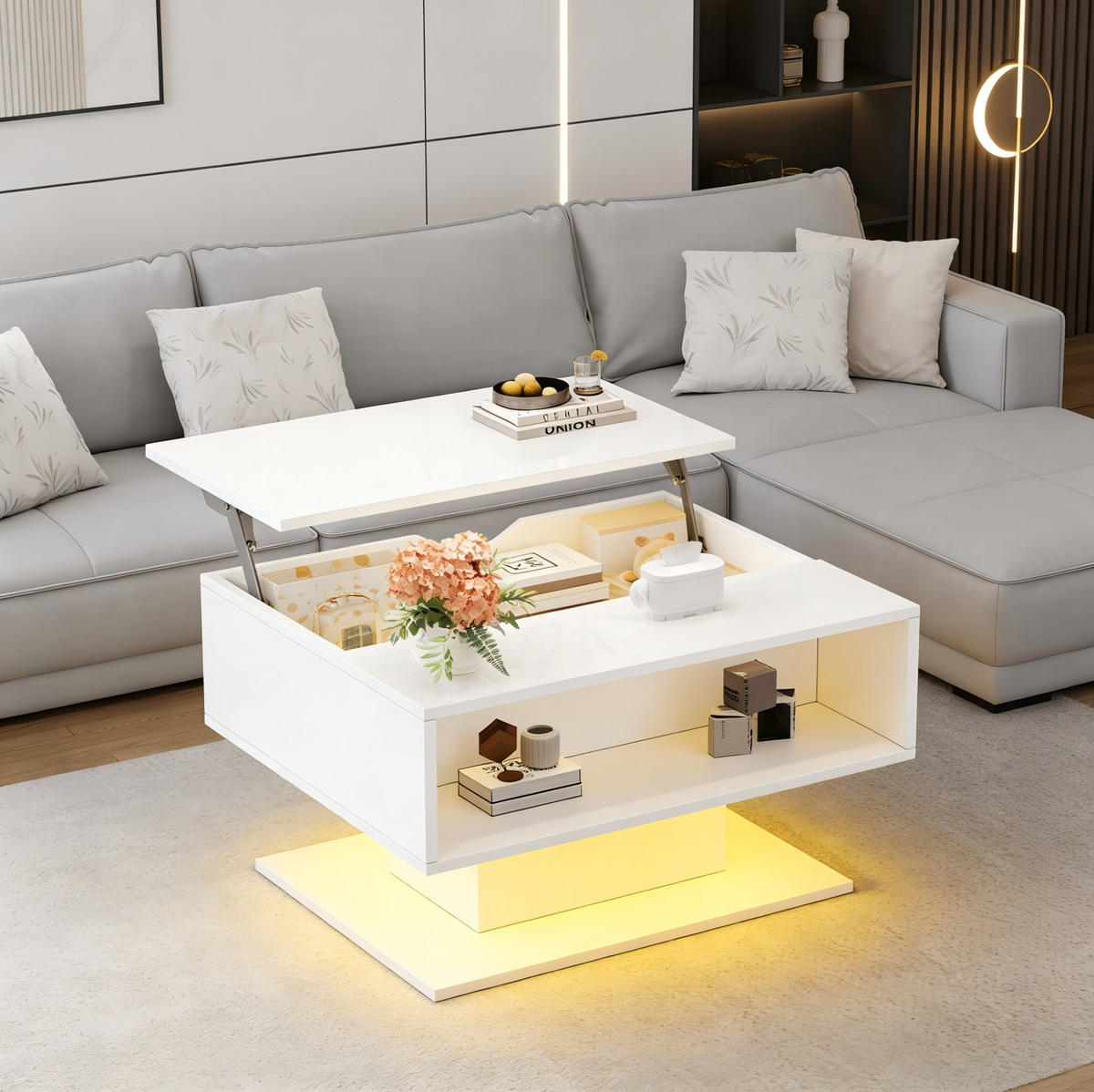 KAVNI stol 80/75/40 cm bel, dvižni z LED in shranjevalnim prostorom - bela, leseni material (80/75/40cm) - BEAOK