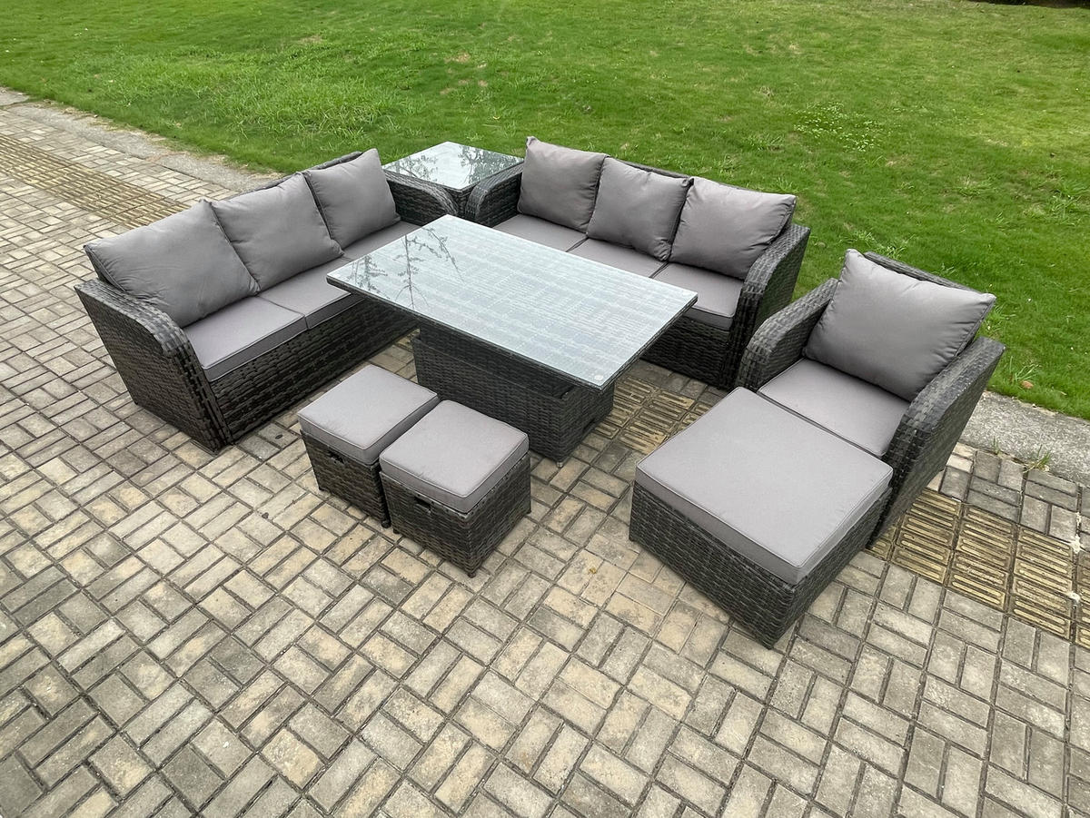 GARTENMÖBELSET mit Höhenverstellbarer Esstisch Polyrattan 10-Sitzer Grau - Dunkelgrau/Grau, Glas/Kunststoff - Fimous