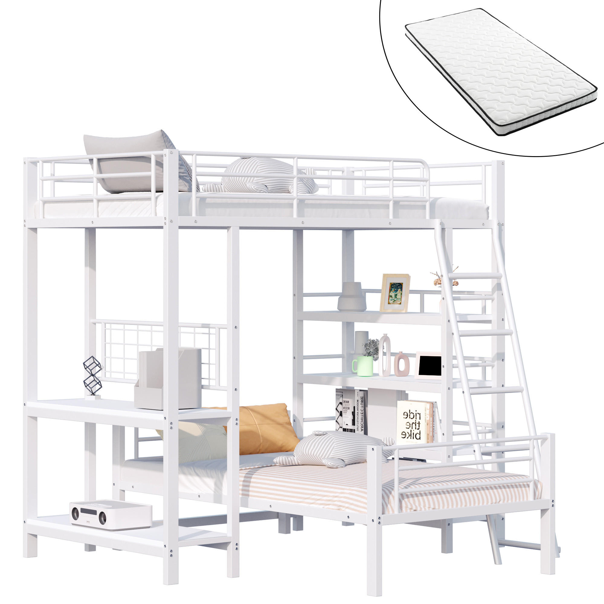 HOCHBETT 90/200 cm Weiß mit mehreren Ablagefächern mit Matratze - Weiß, Metall (90/200cm) - OKWISH