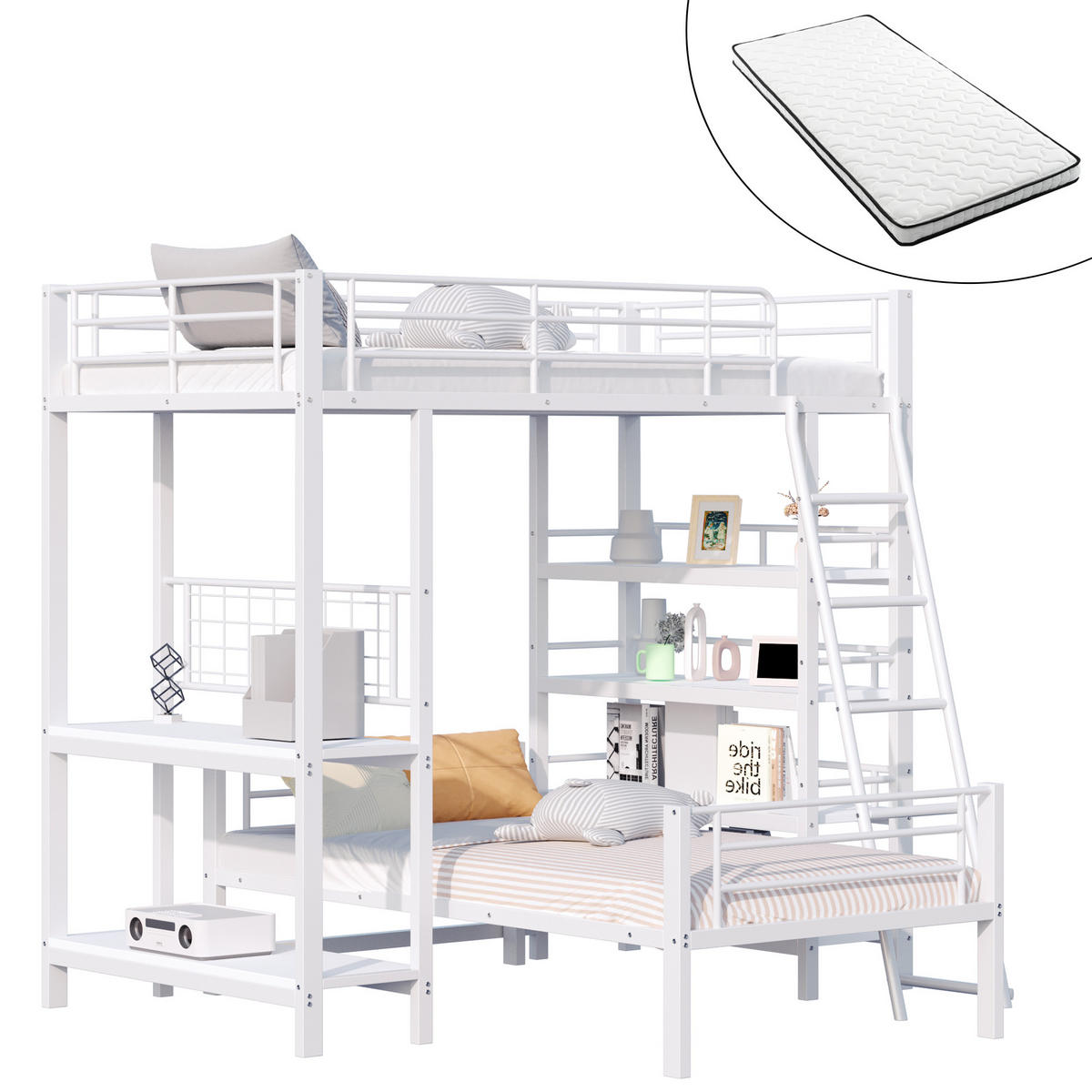 HOCHBETT 90/200 cm Weiß mit mehreren Ablagefächern mit Matratze - Weiß, Metall (90/200cm) - OKWISH