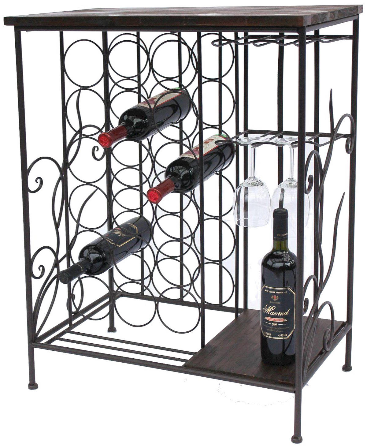 WEINREGAL mit Holzablage und Glashalter Metall Braun 83 cm 12977 - Braun, Metall (62/83/36cm) - DanDiBo