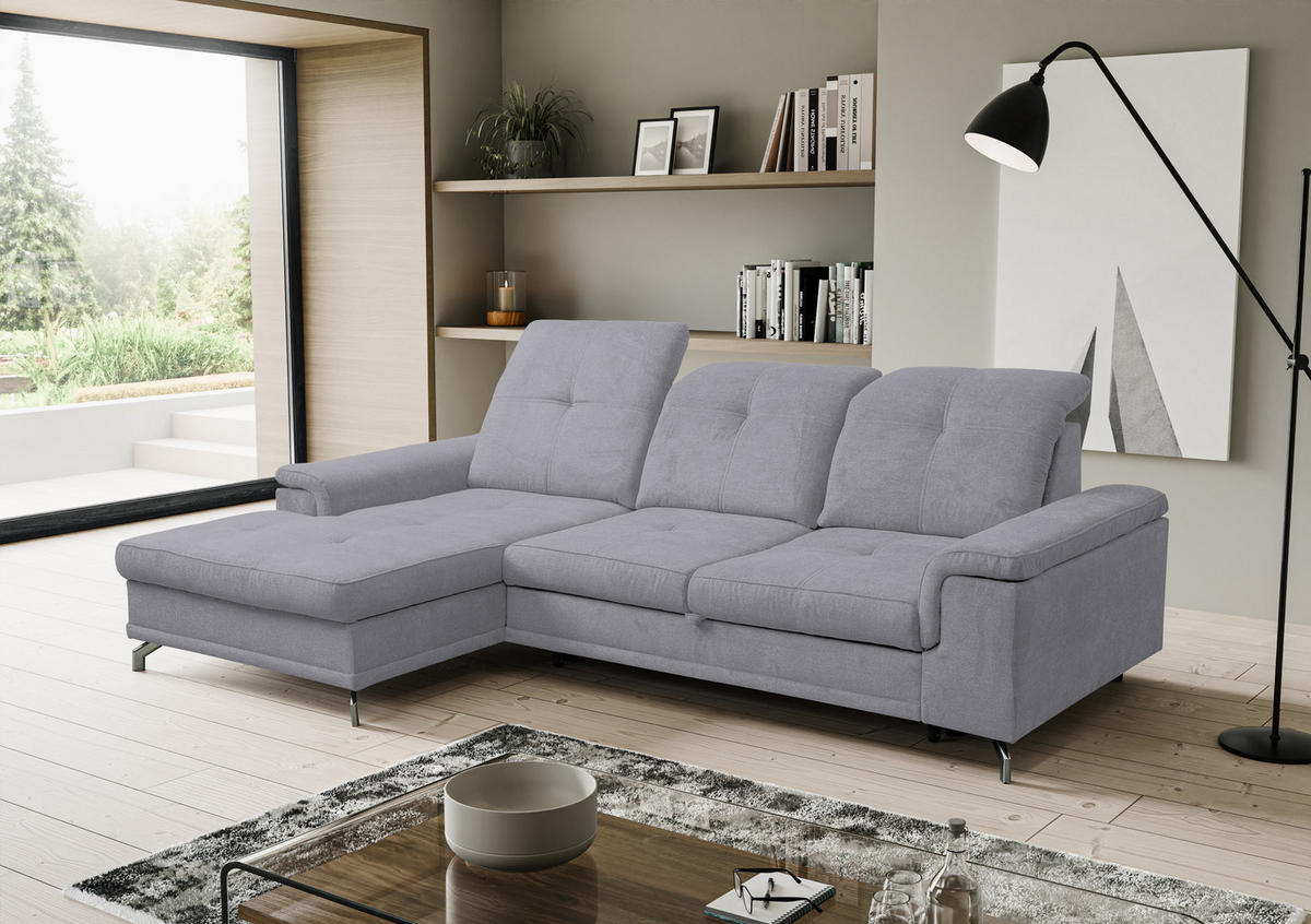 ECKSOFA PANAMA mit Schlaffunktion und Bettkasten, Farbe: Hellgrau, Velourstoff, Ottomane Links - Hellgrau, Textil (270/180cm) - VENASI MÖBEL