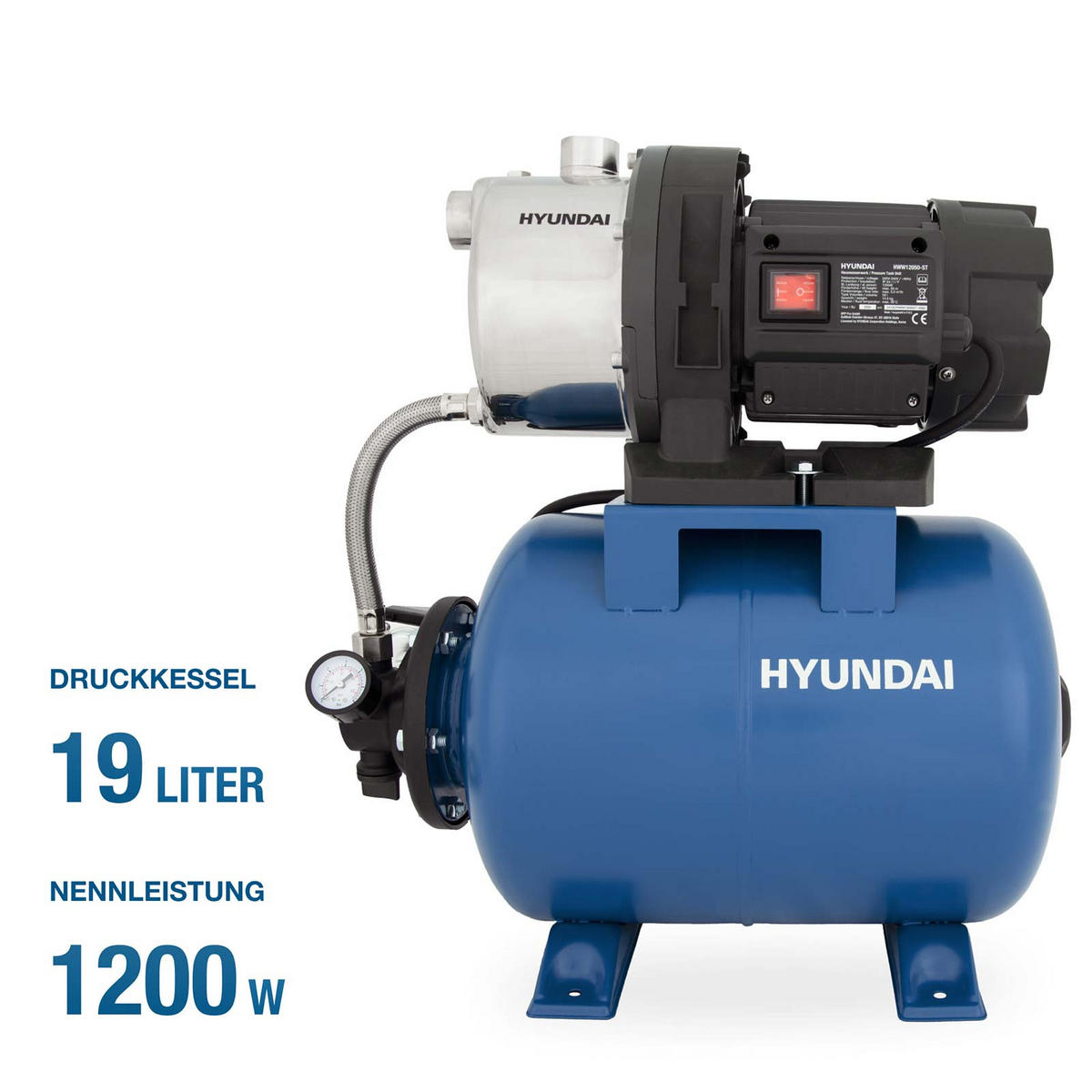 HAUSWASSERWERK HWW12050-ST (1200W, STAHL-Kessel, 5.000 l/h, Förderhöhe max. 50m, Ansaughöhe max. 8m) - Blau, Metall (27.5/51.4/48.1cm) - HYUNDAI