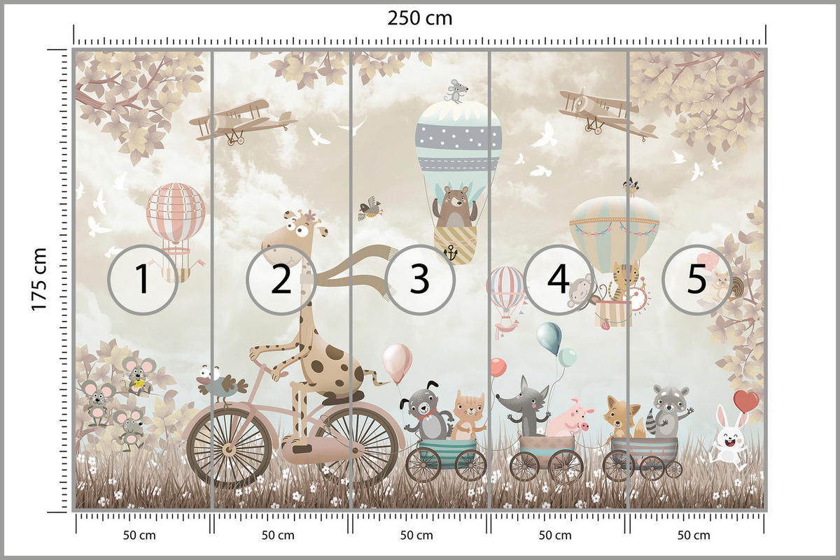 FOTOTAPETE Tiere auf Fahrrädern Luftballons Flugzeuge Pflanzen 250x175 - Blau/Beige, Papier (250/175cm) - Muralo