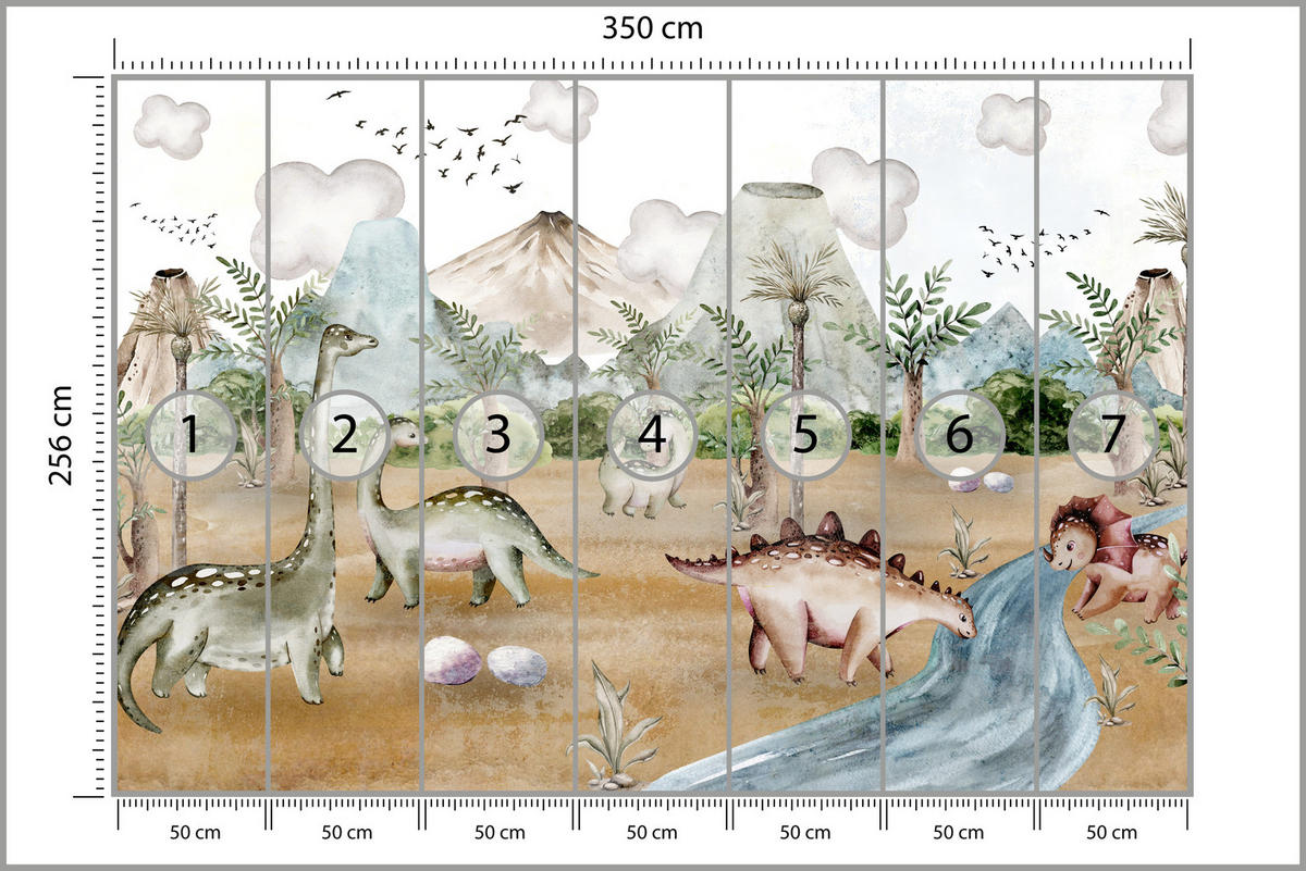 FOTOTAPETE für Kinderzimmer Dinosaurier Welt Vulkane Aquarell Tropische Bäume 350x256 - Blau/Beige, Papier (350/256cm) - Muralo