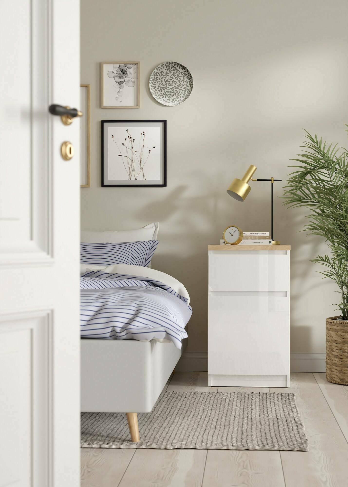 NACHTTISCH Glänzendes Weiß, Eiche 40/40.4/70.1 cm - Weiß, Holzwerkstoff (40.4/70.1/40cm) - DMORA