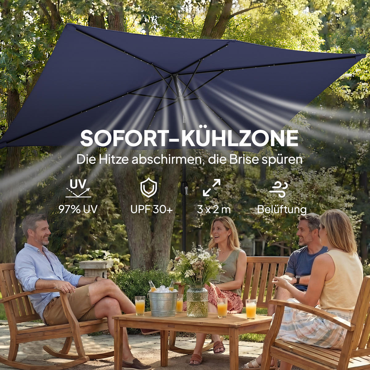 SONNESCHIRM mit Solar LED Marineblau 289/198/248 cm - Dunkelblau, Metall (198/289cm) - Outsunny