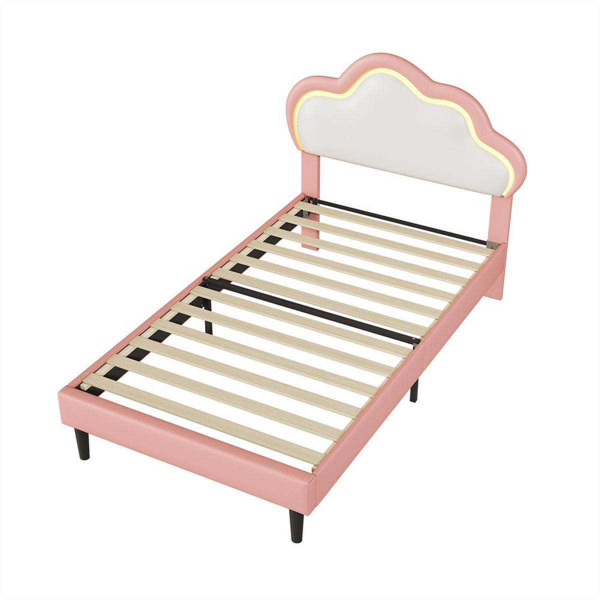 KINDERBETT 90 x 200 cm - höhenverstellbares Kopfteil im Wolken-Design mit LED - ohne Matratze - Weiß und Rosa - Pink, Textil (90/200cm) - DELFA
