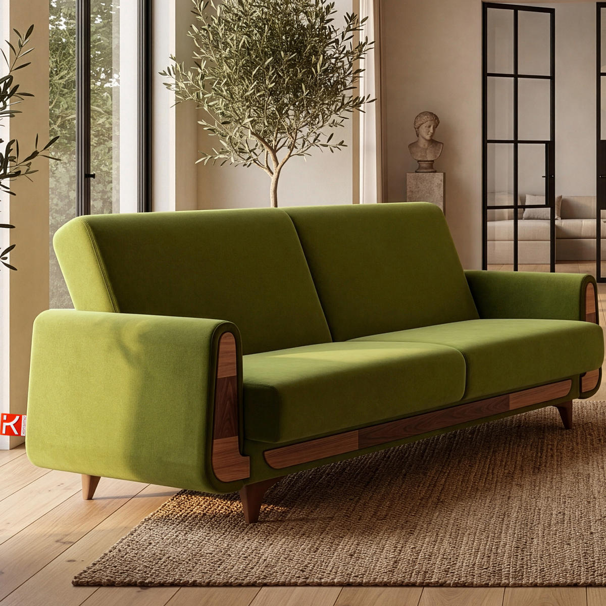3-SITZER-SCHLAFSOFA GUSTAVO mit Armlehnen, grün - Braun/Olivgrün, Holz/Holzwerkstoff (230/98/98cm) - KONSIMO®