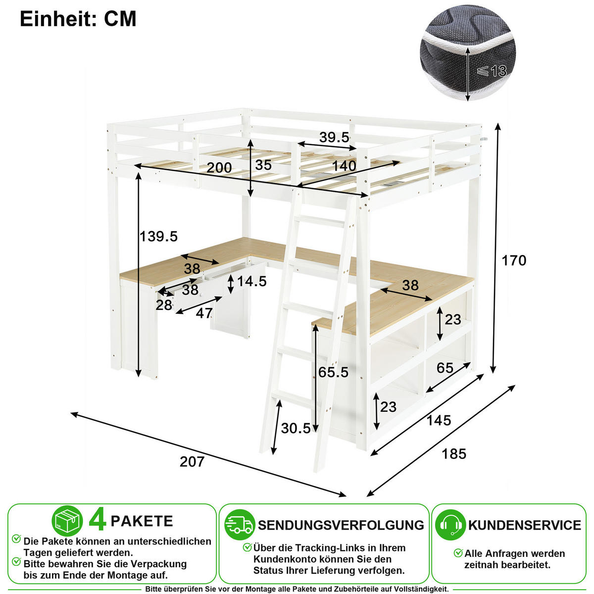 HOCHBETT 140/200 cm in Weiß & Natur mit Tisch, 2 Schubladen und Regal - Weiß/Naturfarben, Holz/Holzwerkstoff (140/200cm) - CHICFURN
