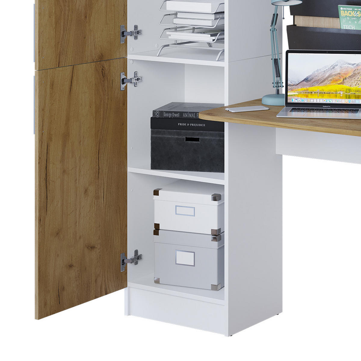 SCHREIBTISCH Tessa Weiß/Goldkraft Eiche 122.9 x 33.4 cm - Honigeiche/Weiß, Holzwerkstoff (52/122.9/168.5cm) - Vicco