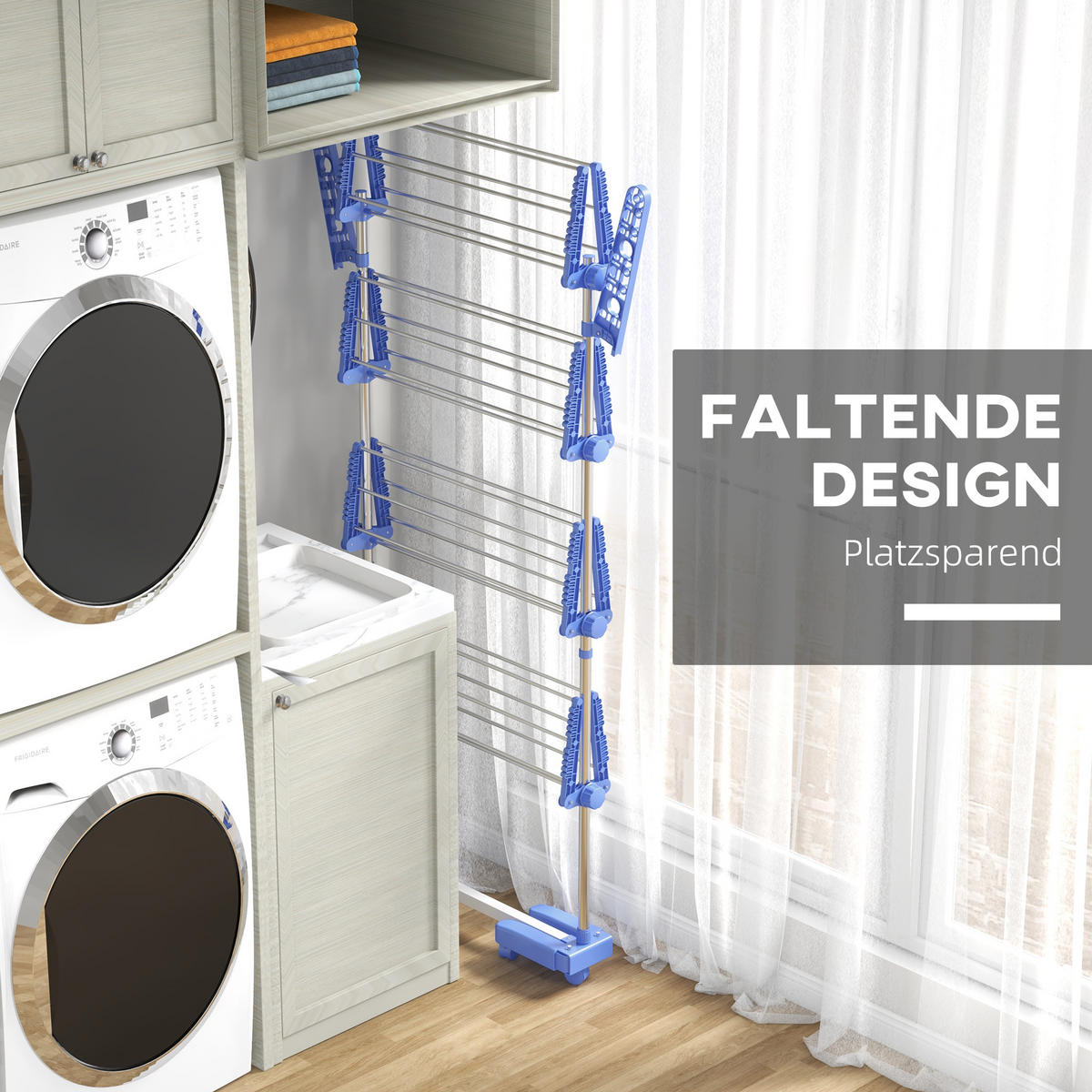 WÄSCHESTÄNDER DE-09794 5 Ebenen, klappbar mit 6 Rollen Blau+Silber - Blau, Metall (142/172/55cm) - ComfortXL