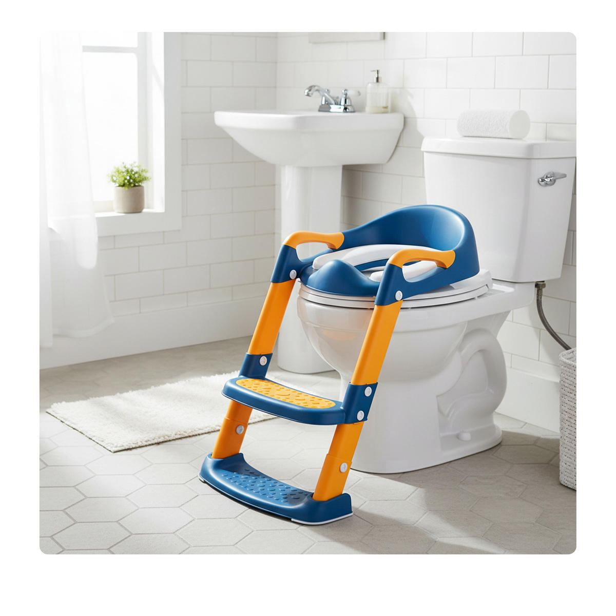 TOALETNÉ SEDADLO Modro-žlté s rebríkom výškovo nastaviteľné - viacfarebná, plast (35/55/44cm) - Relaxdays