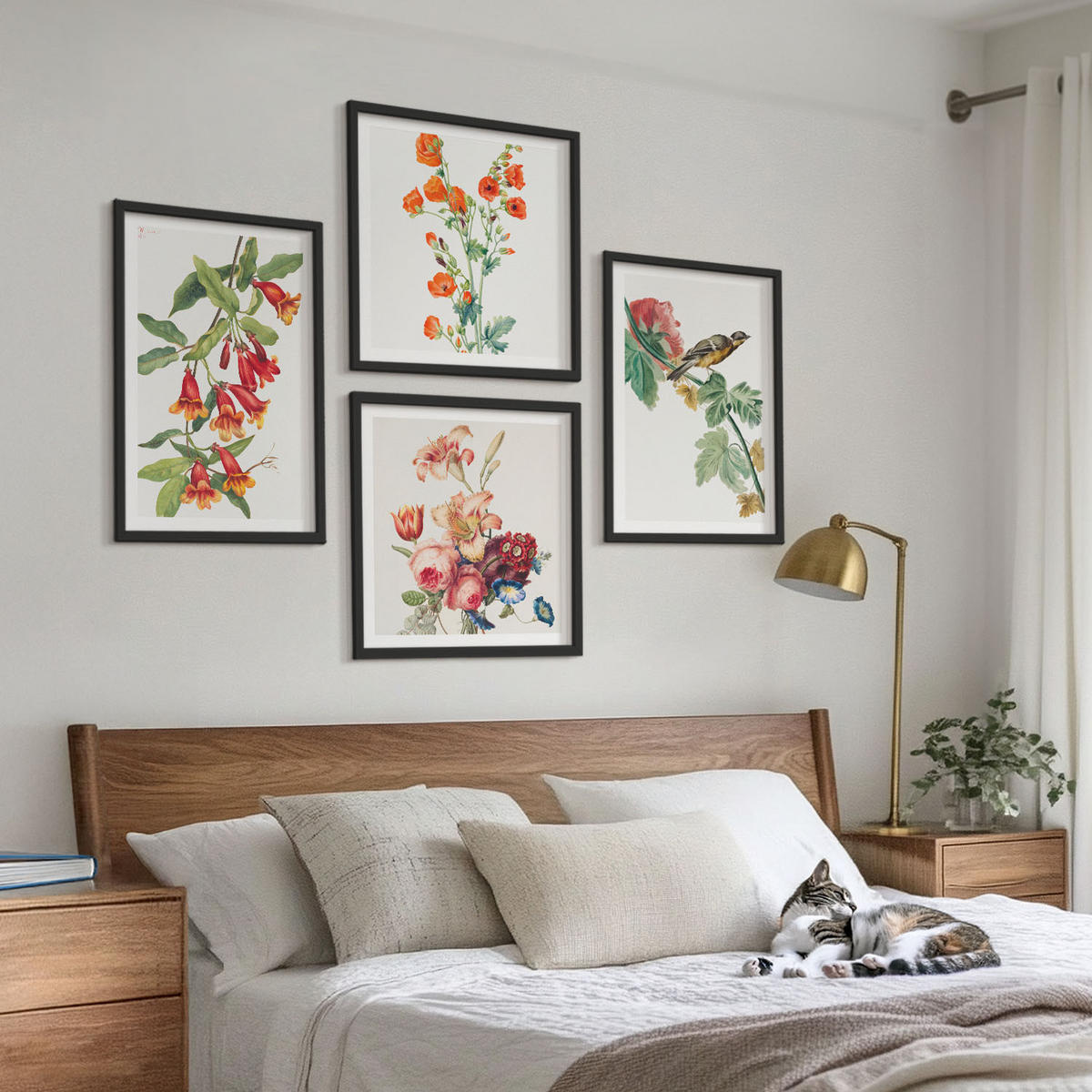 BILDER SET 4er Set - 50x50 cm & 40x60 cm Schwarzer Rahmen - Gemalte Blumen, Retro-Vogel - Schwarz, Kunststoff (50/50cm) - TULUP