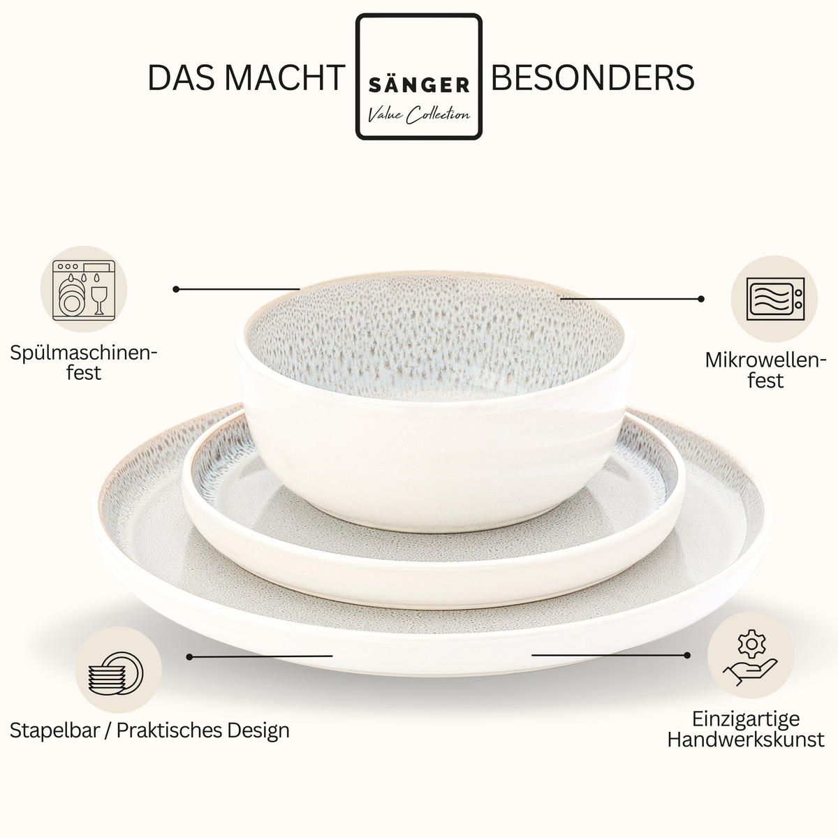 TAFELSERVICE KRETA - 18 teilig aus Steingut - Creme, Stein (27/6.5/27cm) - Sänger