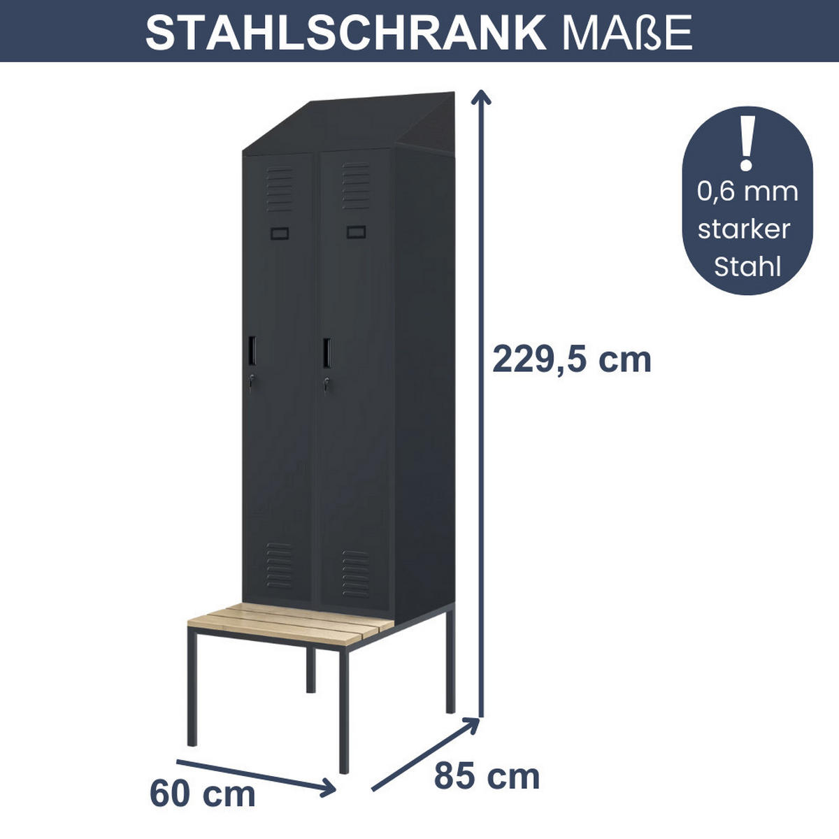 UMKLEIDESCHRANK Spind mit Sitzbank BARCA 2 Abteile 229,5x60x85cm Anthrazit - Anthrazit, Metall (60/229.5/85cm) - DELUKE
