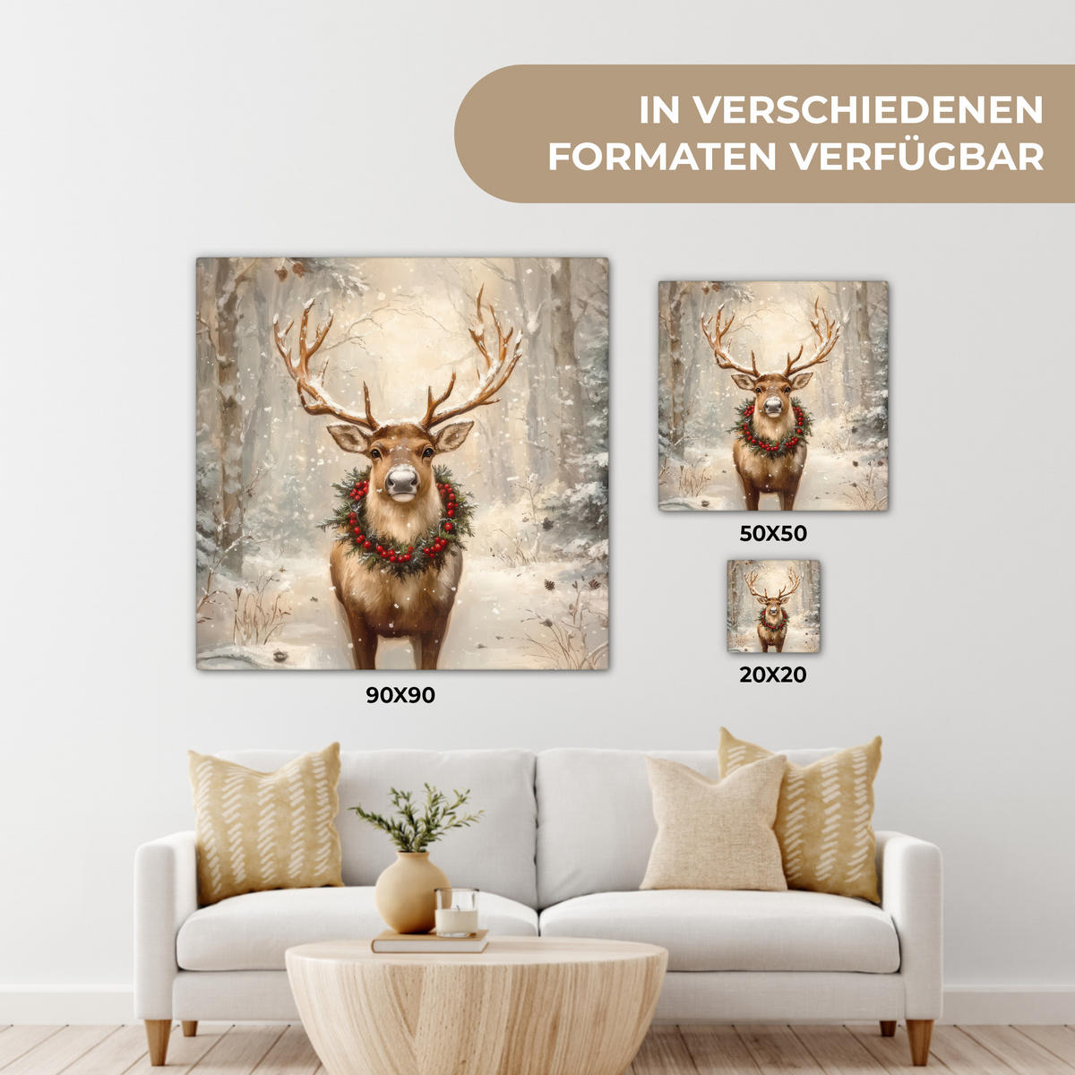 LEINWANDBILD Weihnachten - Rentier - Winter - Kranz 50x50 cm - Naturfarben, Textil (50/50cm) - MuchoWow
