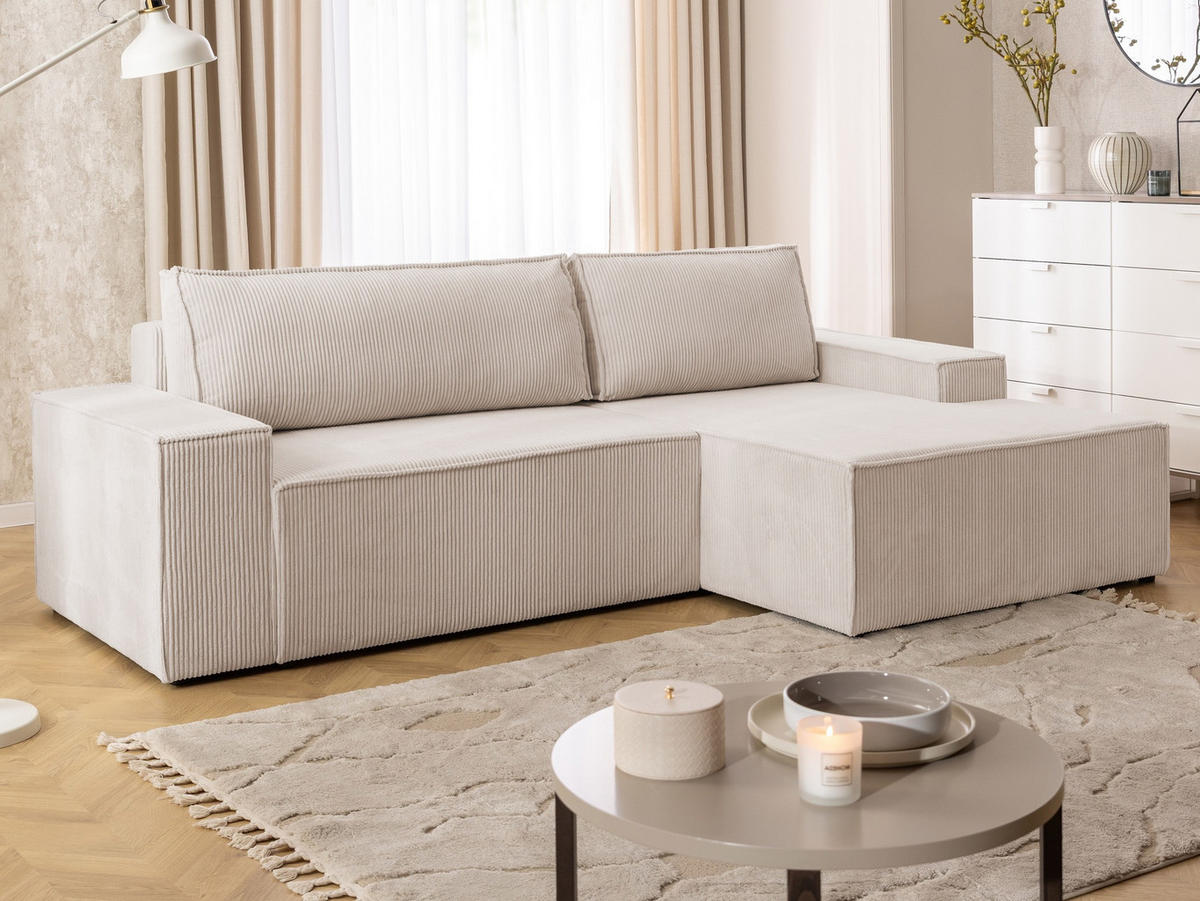 ECKSOFA Rivio mit Schlaffunktion und Bettkasten, Cordstoff Beige - Beige/Schwarz, Holz/Kunststoff (262/149cm) - S-Style