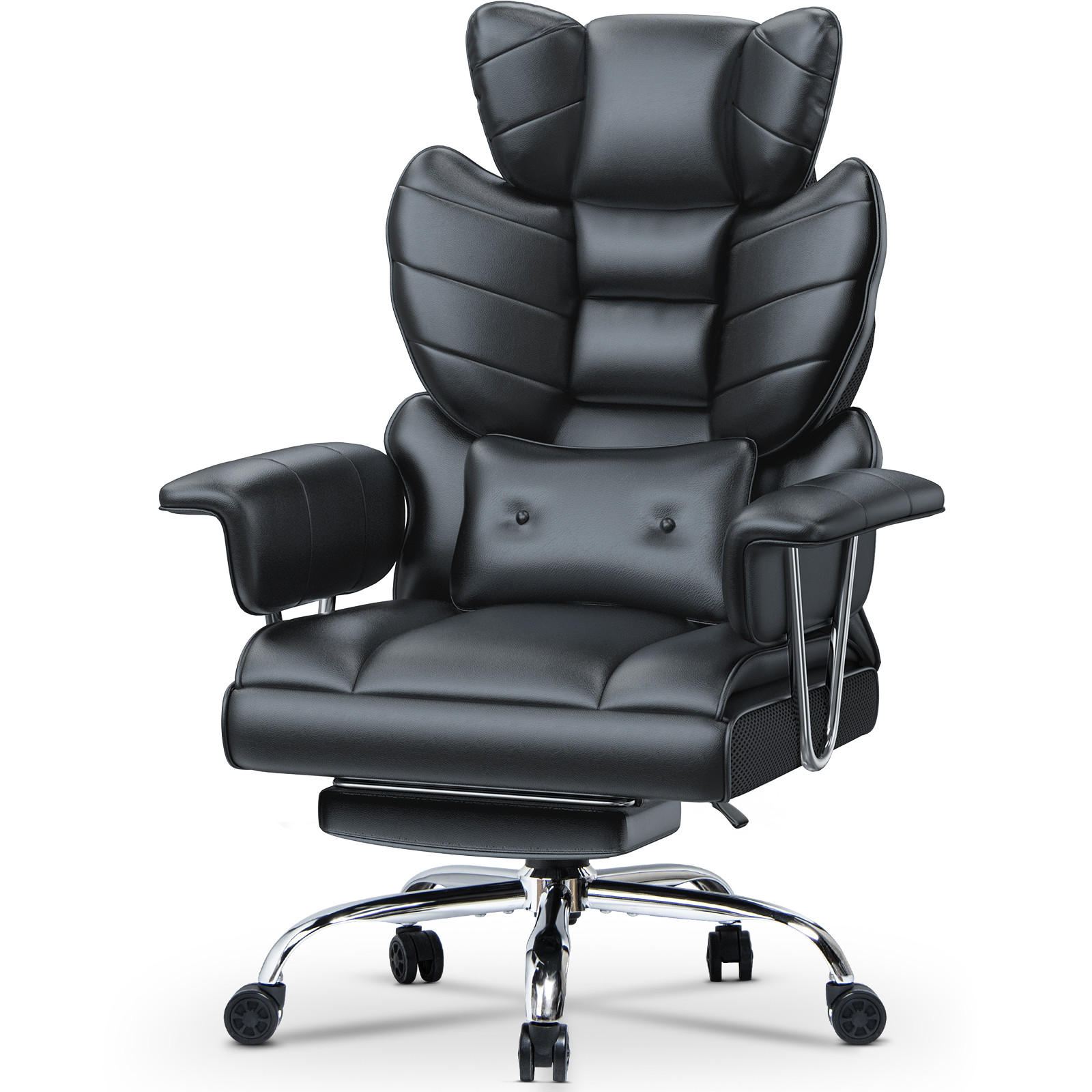 CHEFSESSEL ergonomisch, Leder, Fußstütze – Schwarz - Schwarz, Metall (58/128/50cm) - Rattantree