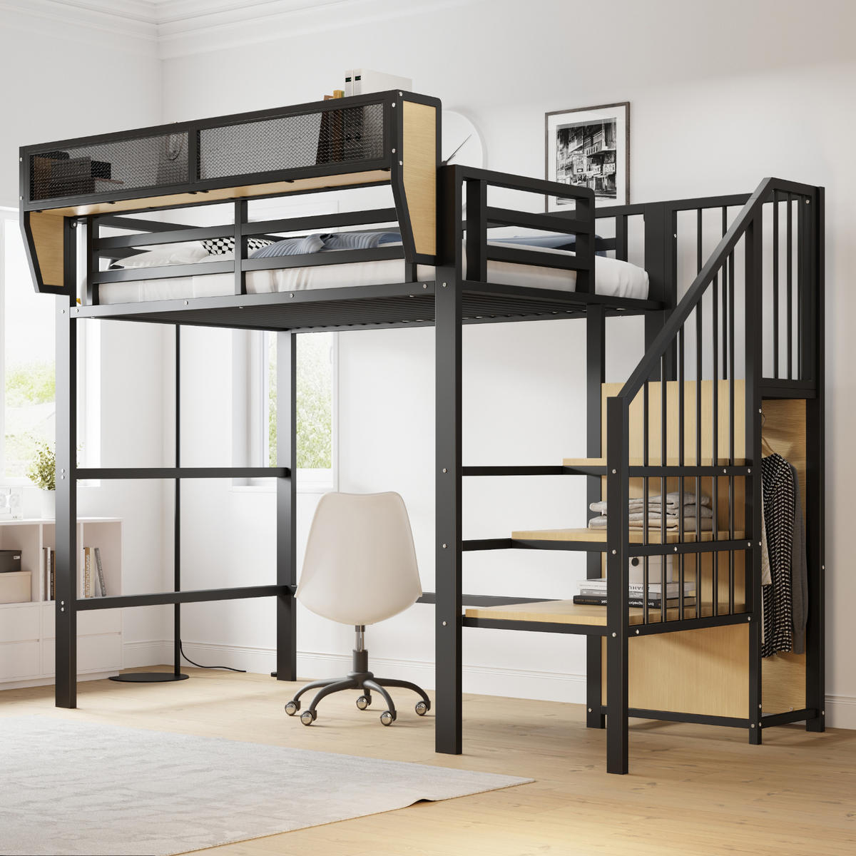 HOCHBETT 90/200 cm Schwarz aus Metall mit Sicherheitsleiter und Ablagefach - Schwarz, Metall (90/200cm) - OKWISH