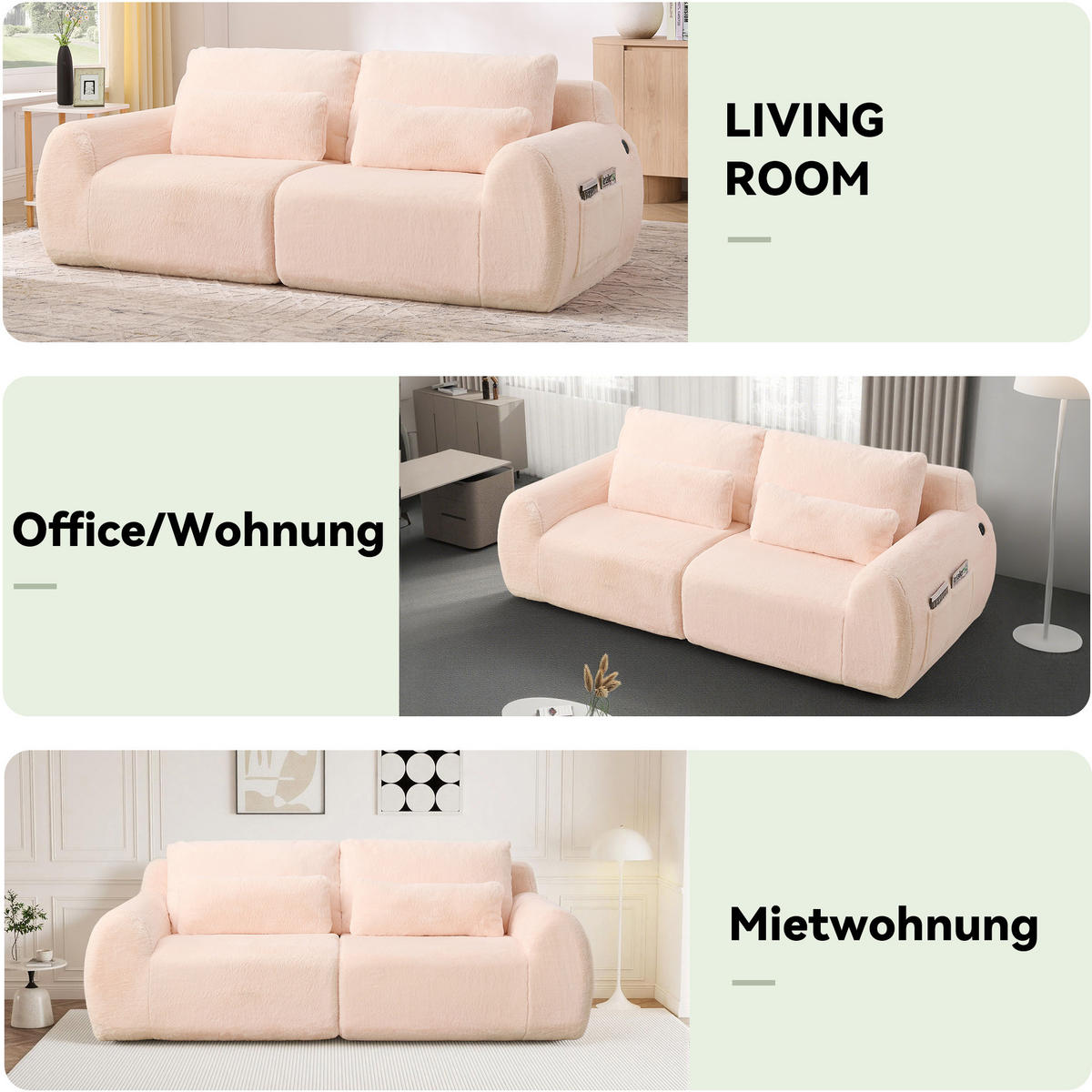 2-SITZER SOFA Kaninchenstil-Kunstfell Pink mit USB und Magazintasche - Rosa, Textil (208/81/101cm) - WISHDOR