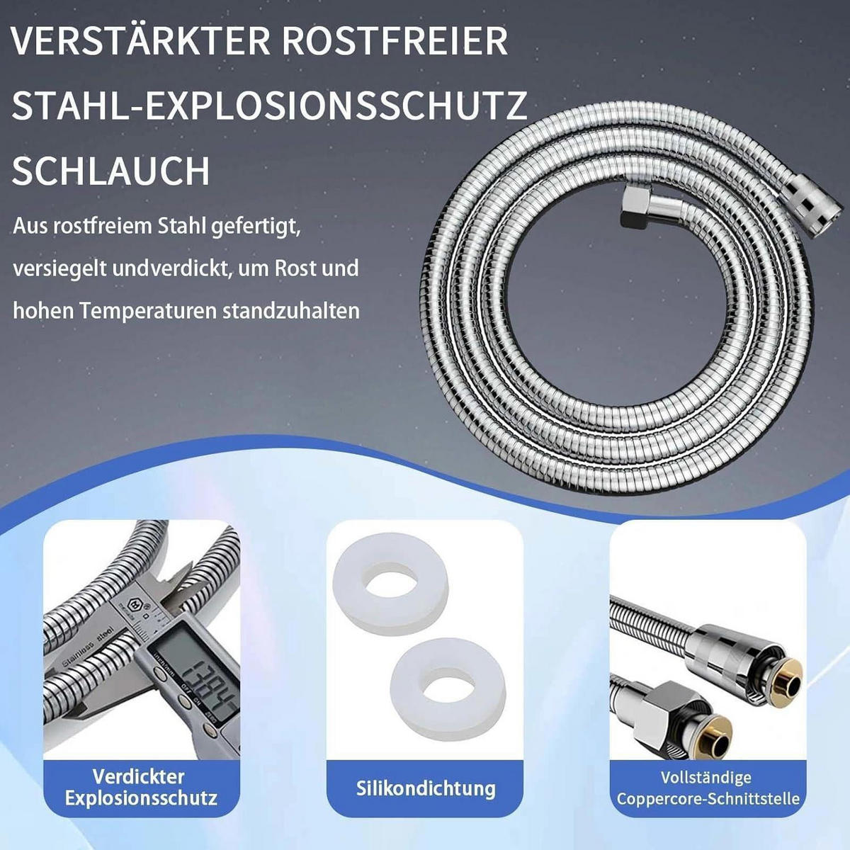 DUSCHKOPF Set mit 1.5m Schlauch Silber 8 Strahlarten Stoppfunktion - Silberfarben, Metall (12/12.7/26cm)