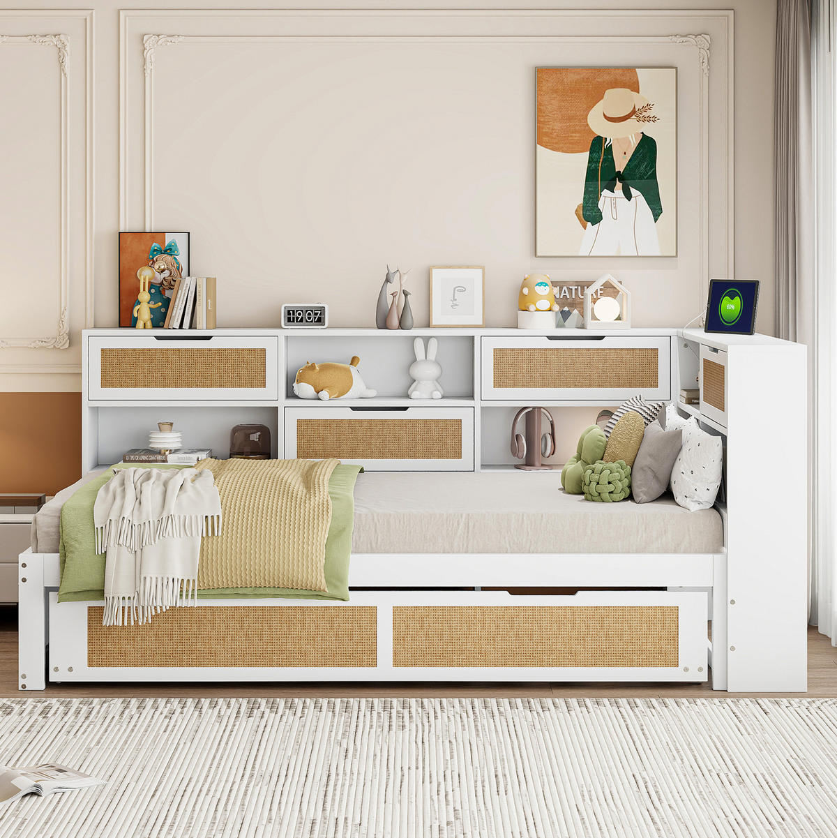 POLSTERBETT aus Massivholz 90x200 cm in Weiß mit Ausziehbett & USB-Anschluss - Weiß, Holz (90/200cm) - Modfu