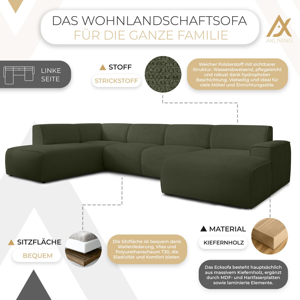 WOHNLANDSCHAFT Didim Grün 378/220/78 cm – großes Sofa stilvoll & bequem L - Schwarz/Grün, Kunststoff/Textil (220/78/378cm) - AX Living