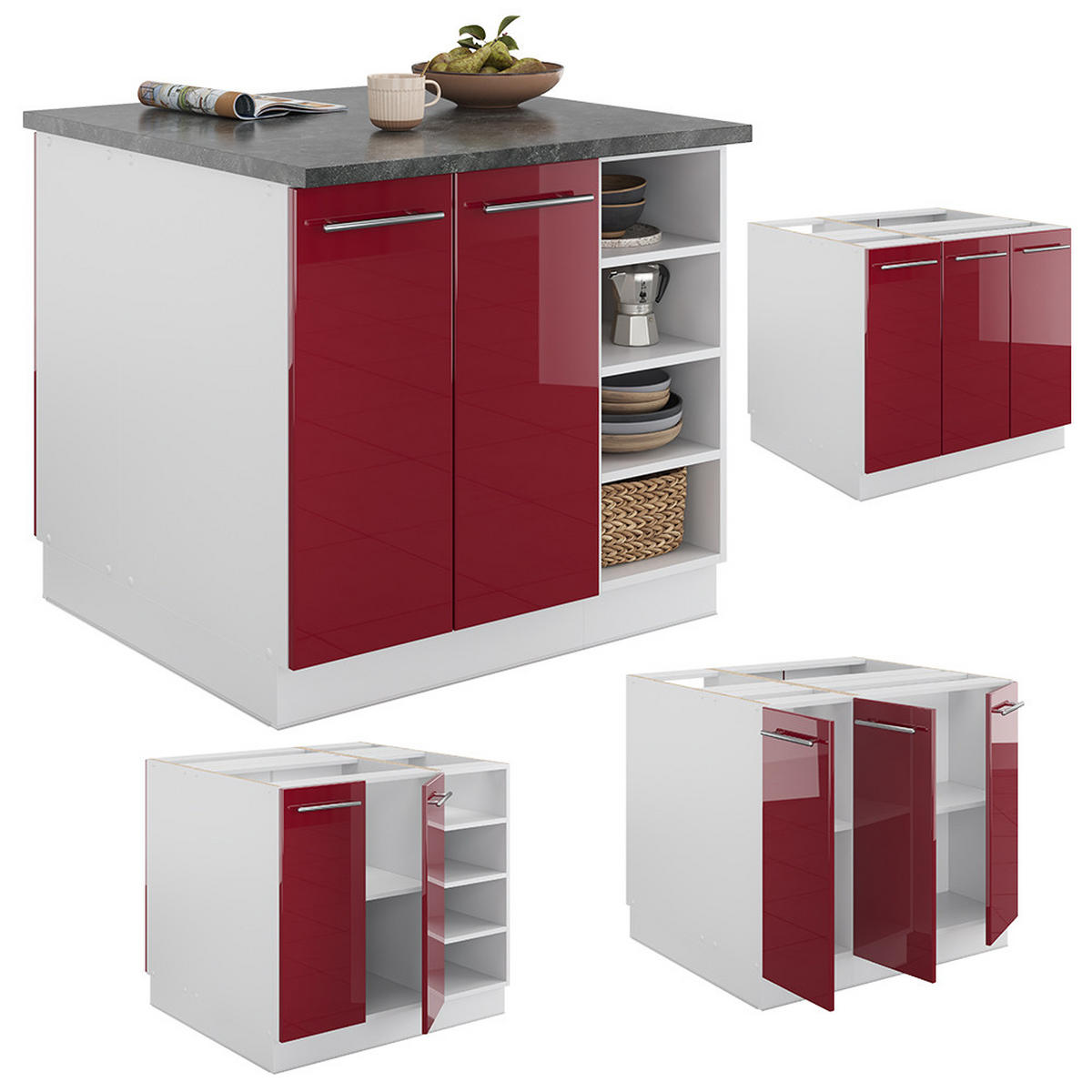 KÜCHENINSEL Fame-Line Bordeaux Hochglanz/Weiß 90 cm ohne AP - Bordeaux/Weiß, Holzwerkstoff (90/82/82cm) - Vicco