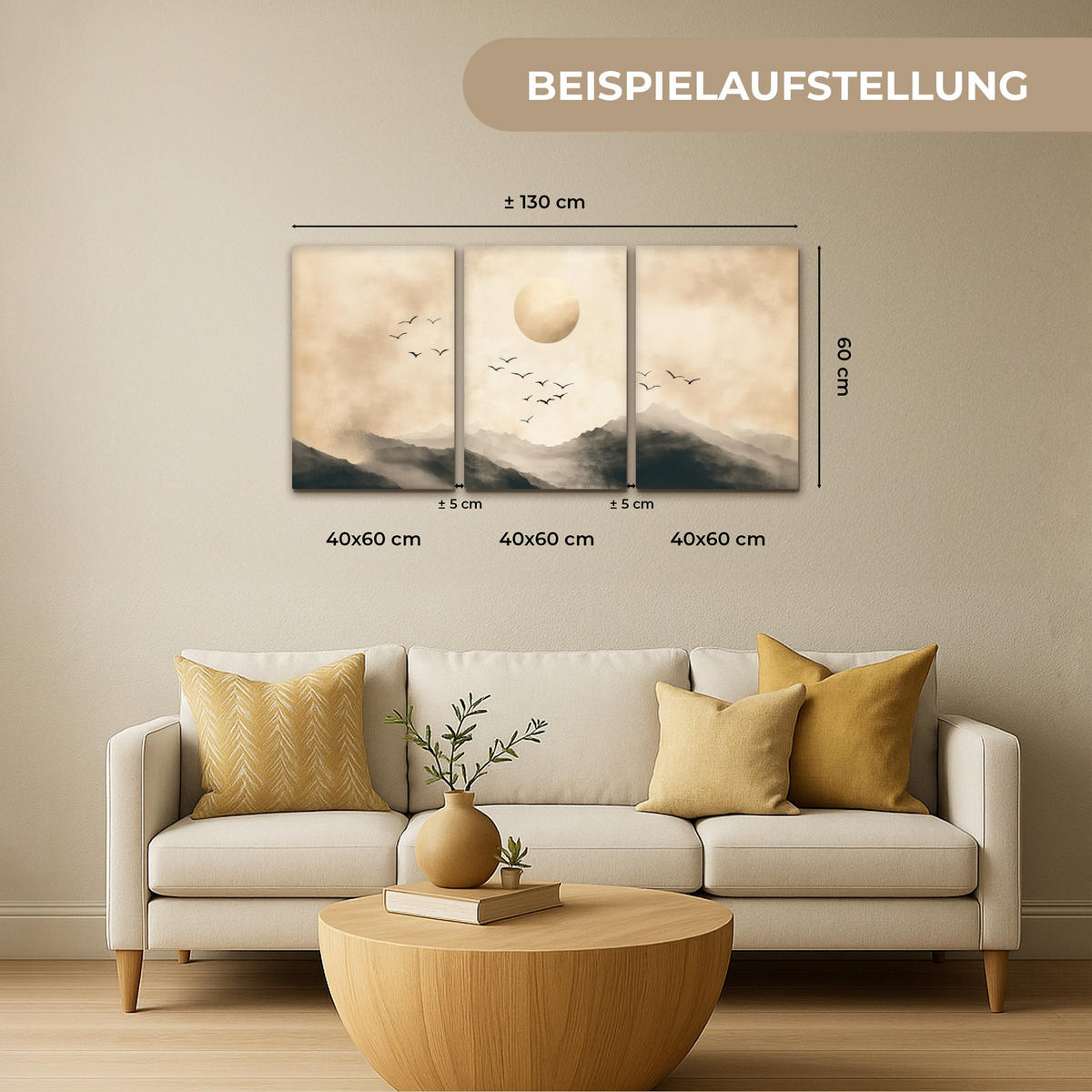 LEINWANDBILD 3er Set Landschaft - Japandi - Beige - Vögel 120x60 cm - Beige, Textil (120/60cm) - MuchoWow
