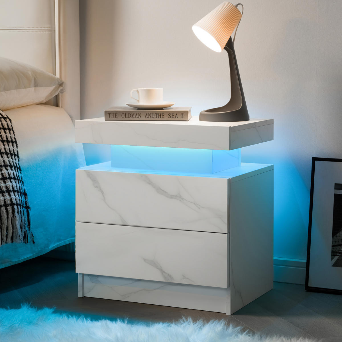 NACHTTISCH 50/53/36 cm mattweiß aus Holzwerkstoff mit LED und 2 Schubladen - Weiß, Holzwerkstoff (53/36/50cm) - OKWISH