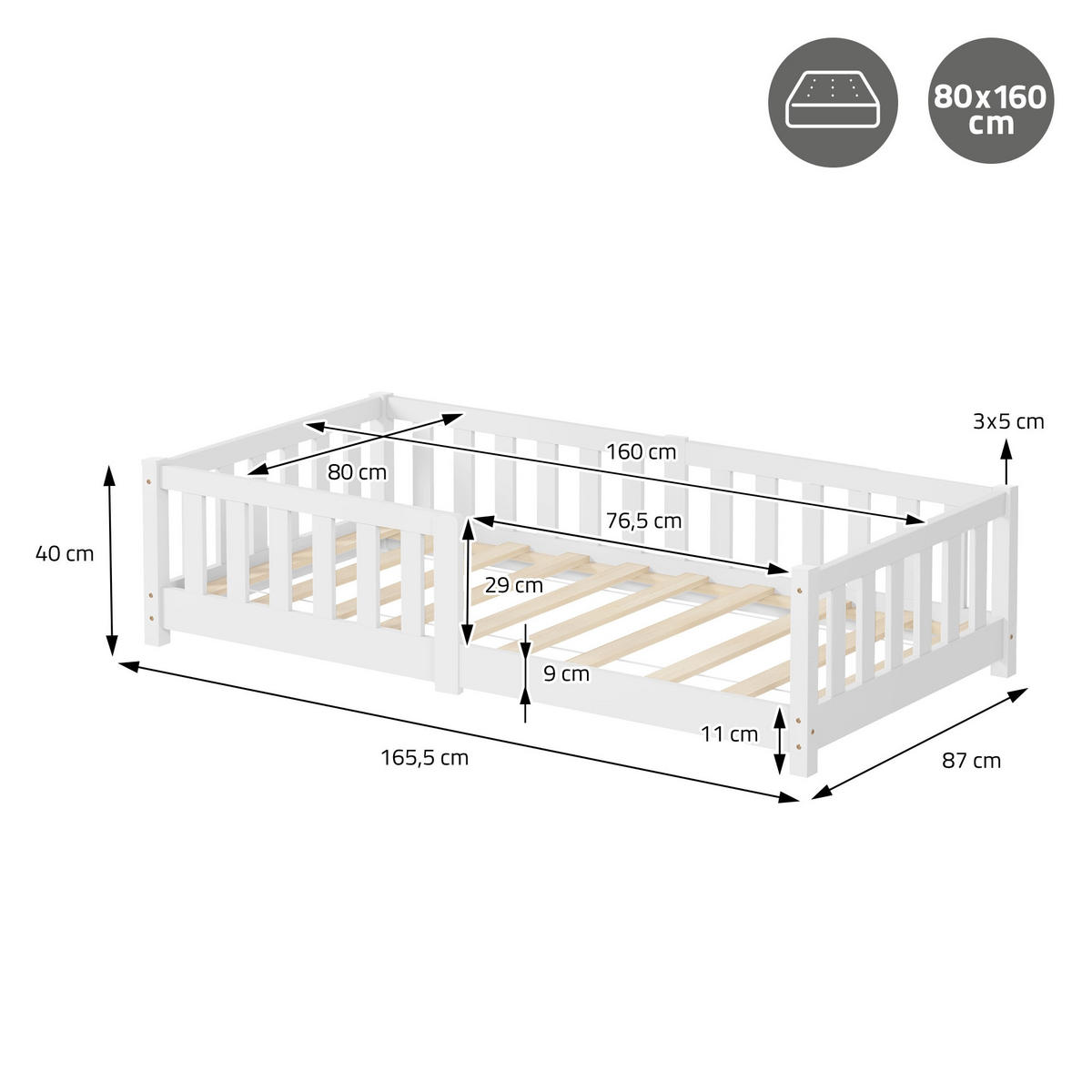 KINDERBETT 80x160 cm Weiß mit Matratze - Weiß, Kunststoff (80/160cm) - ML-DESIGN