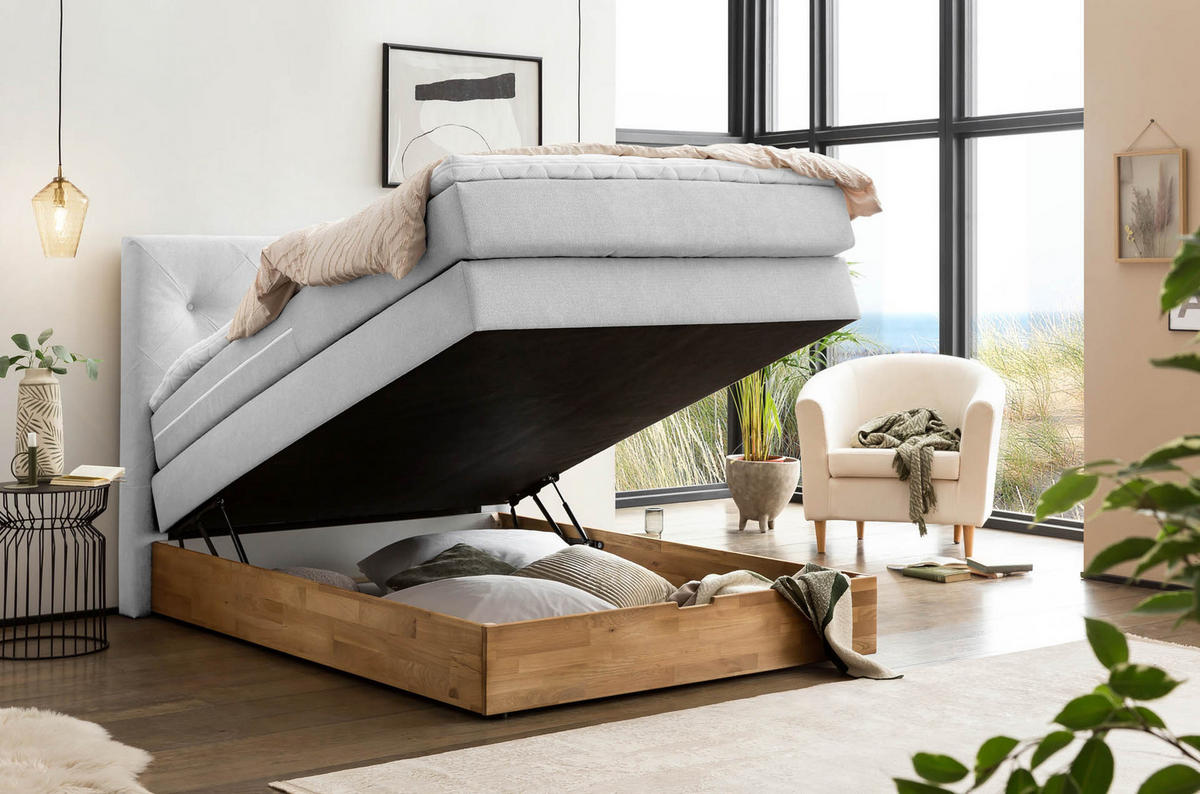 BOXSPRINGBETT MARBO 140x200 Weissgrau H2 und H3 mit Bettkasten 7-Zonen Taschenfederkern Matratze inkl. Visco Topper und Eiche - Weiß, Textil (140/200cm) - Belanoti