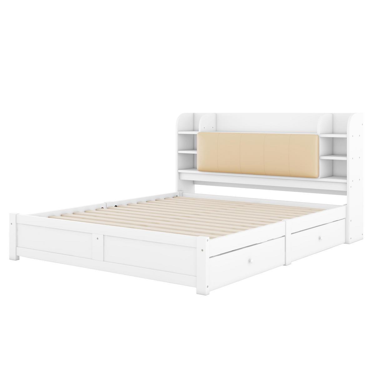 BETT 180/200 cm mit aufklappbarem Kopfteil, 4 Schubladen und Stauraum aus Kiefern, Weiß - Weiß, Holzwerkstoff (180/200cm) - Redom