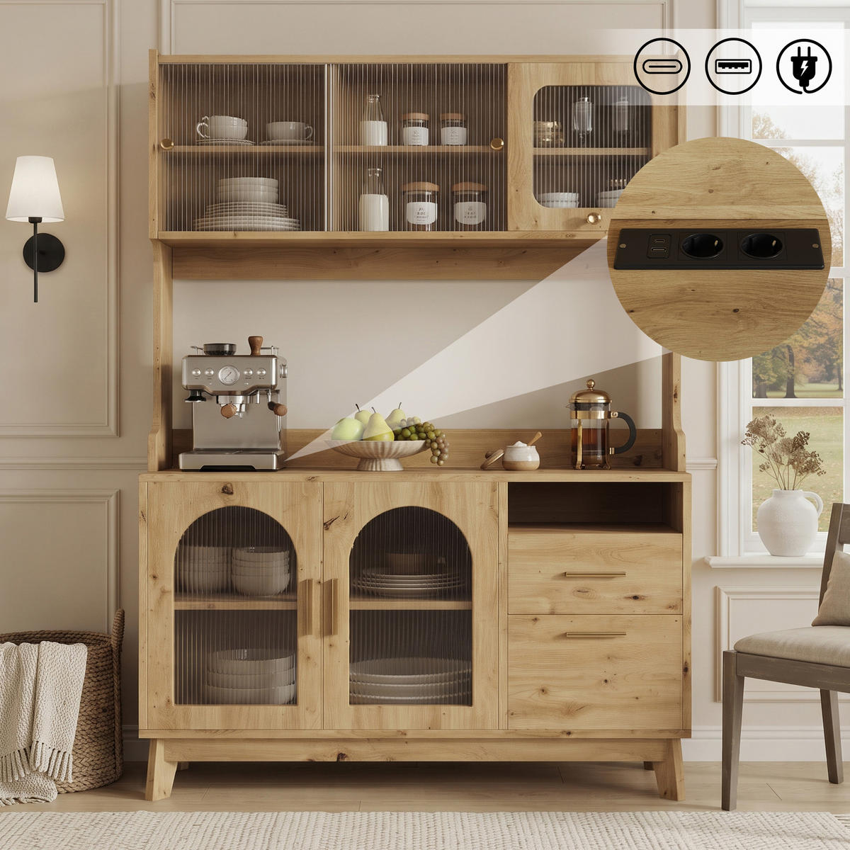 BUFFETSCHRANK 120x40x178 cm, 2 Steckdosen, USB-A/USB-C-Anschlüsse, Holzfarbe - Naturfarben, Holzwerkstoff (120/178/40cm) - FOHERE