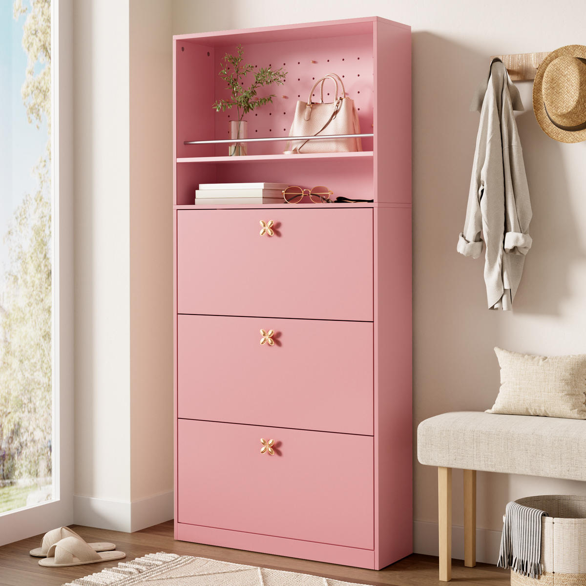 SCHUHSCHRANK 80x24x178.5cm Rosa mit 3 Klappen - Pink, Holzwerkstoff (80/178.5/24cm) - FLIEKS