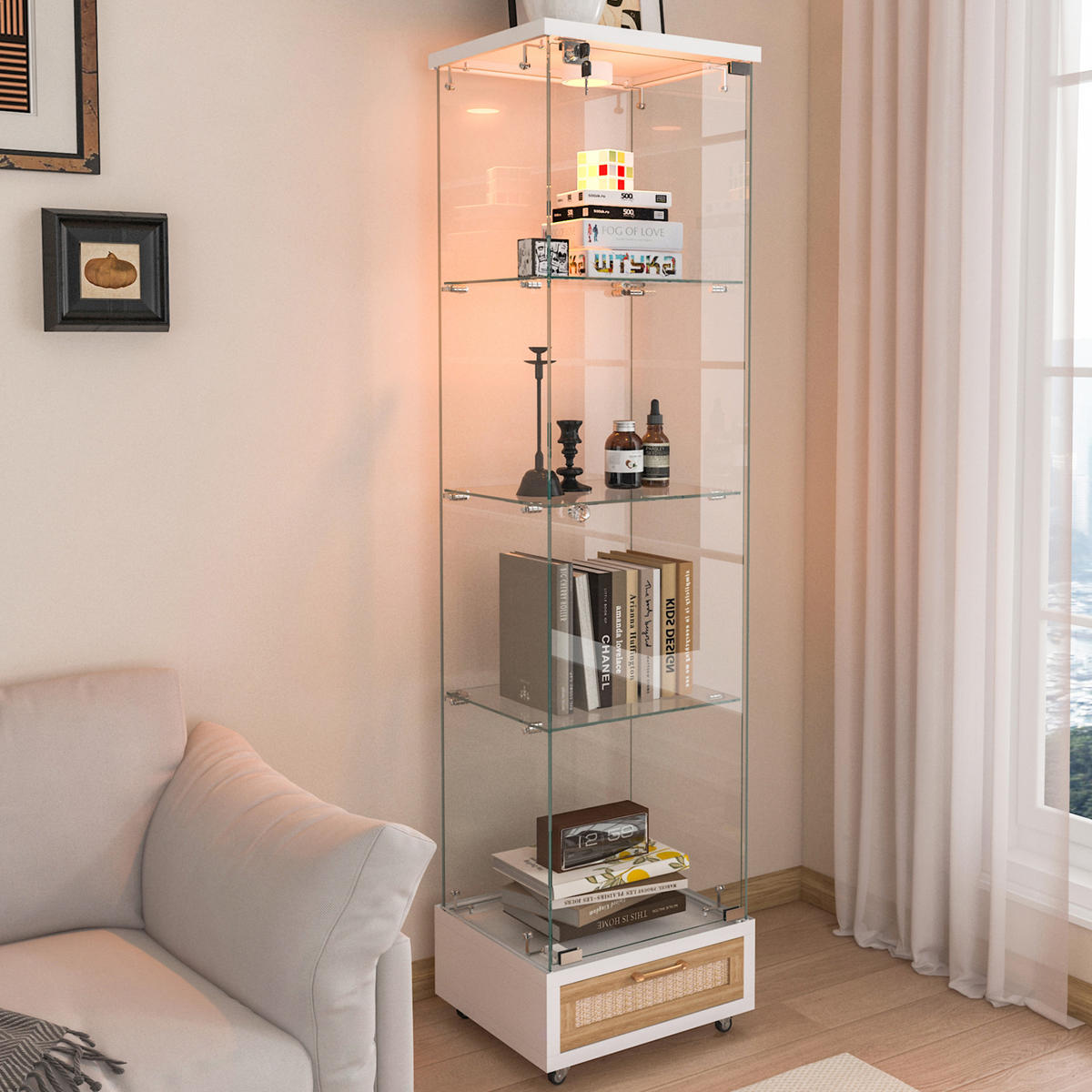 VITRINE 36,5/42,5/167 cm weiß aus MDF und Glas mit LED, Rollen und Schubladen - Weiß, Holzwerkstoff (42.5/167/36.5cm) - OKWISH
