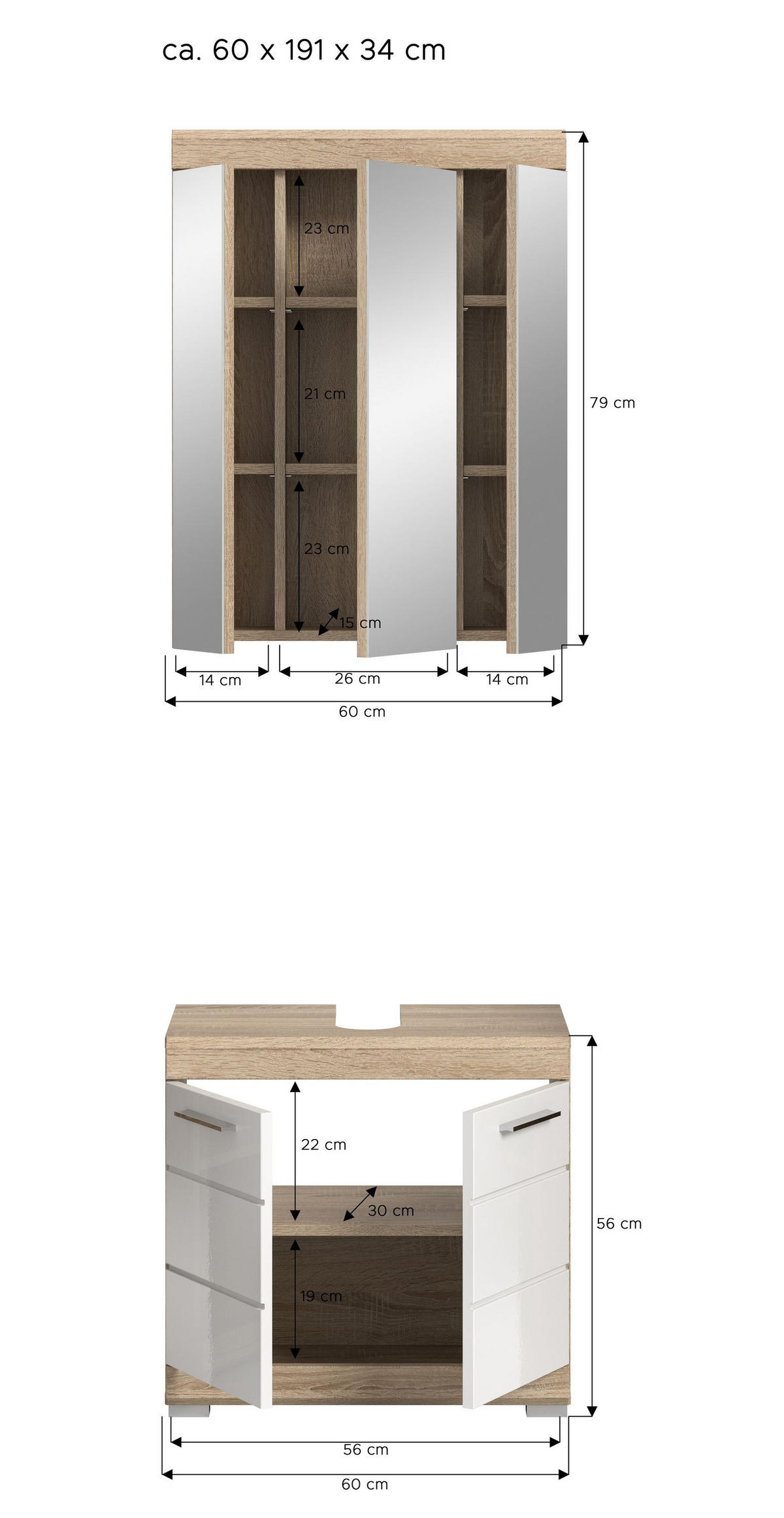 BADKOMBINATION 2tlg. Lambada Bad in Sonoma Eiche hell und weiß hochglanz B/H/T: 60x191x34 cm - Sonoma Eiche, Holz (60/191/34cm)