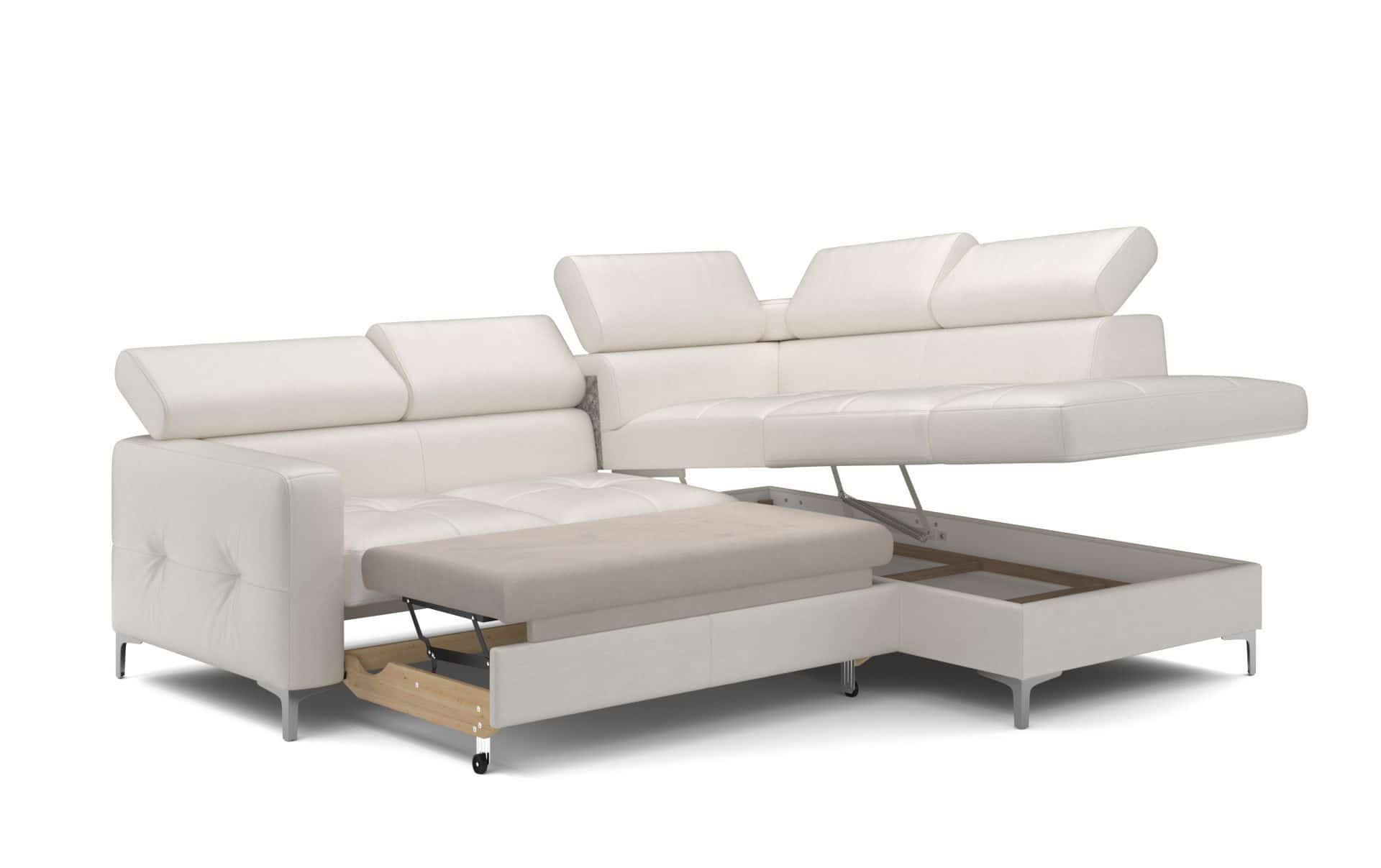 ECKSCHLAFSOFA aus Echtleder mit Schlaffunktion und Bettkasten - Chromfarben/Eiche Bianco, Leder/Holz (207/242cm) - Cotta