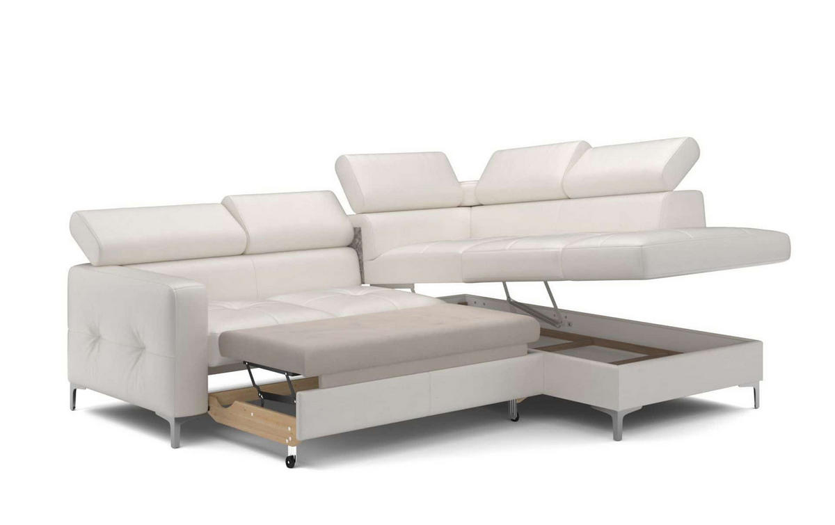 ECKSCHLAFSOFA aus Echtleder mit Schlaffunktion und Bettkasten - Chromfarben/Eiche Bianco, Leder/Holz (207/242cm) - Cotta