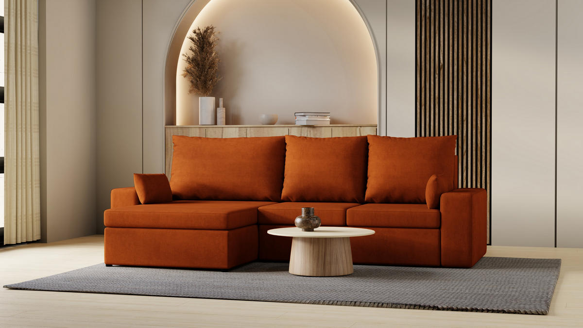 ECKSOFA Paco mit Bettkasten und Schlaffunktion, L-Form/XL-Form, Velourstoff, Universal - Rostfarben, Holzwerkstoff (276/145cm) - 4ALL HOME