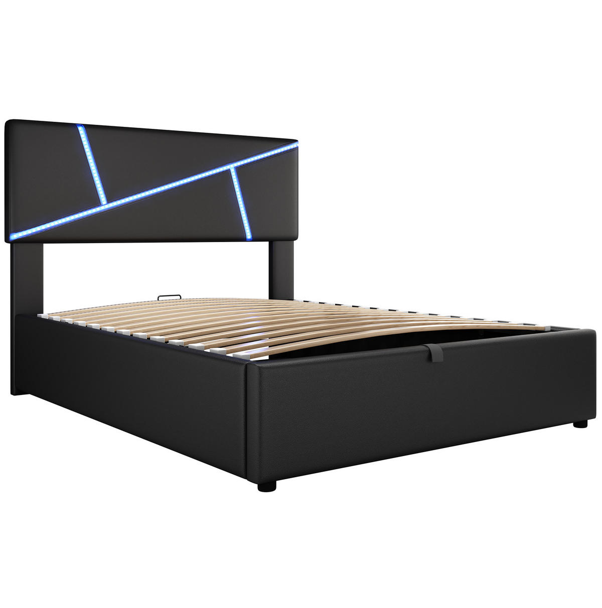 POLSTERBETT 90/200 cm mit LED-Beleuchtung, Lattenrost und hydraulischem Bettkasten, PU-Bezug, Schwarz - Schwarz, Kunststoff (90/200cm) - Redom