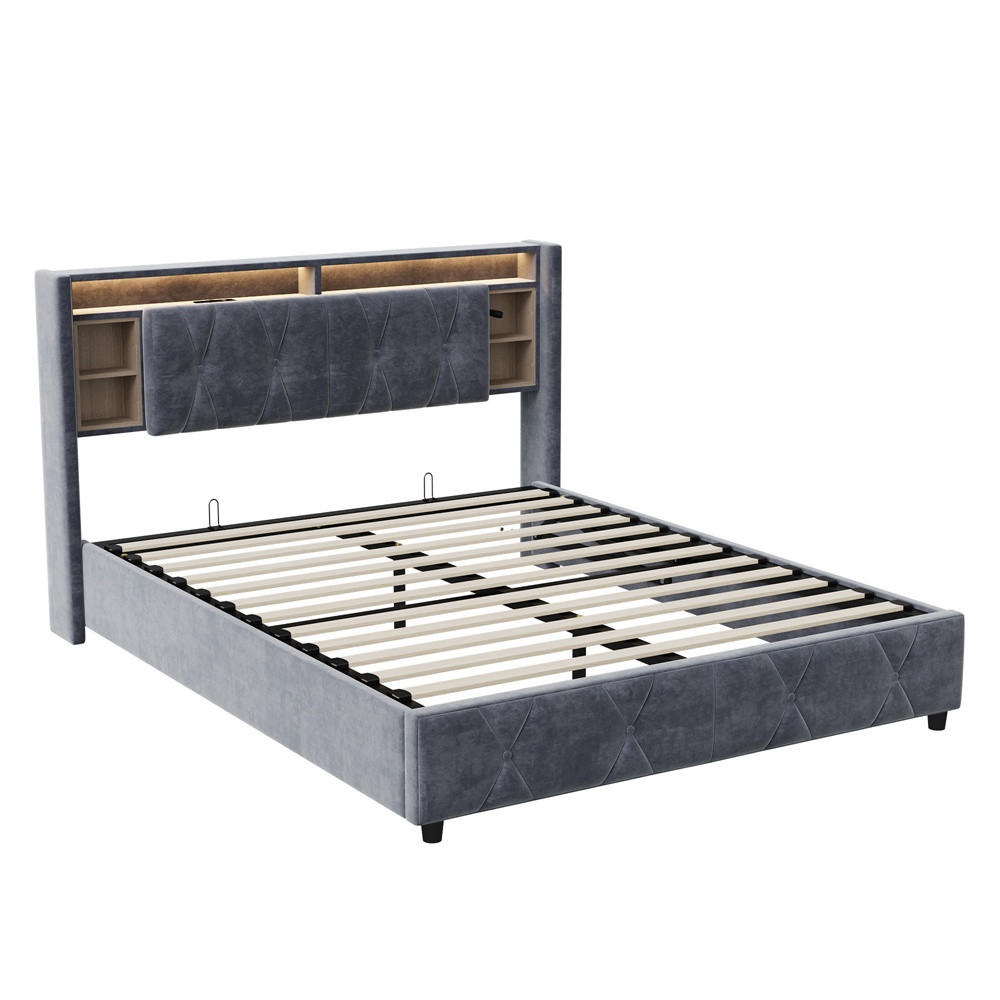 POLSTERBETT 140x200 cm mit LED-Beleuchtung - aufklappbarem Kopfteil & hydraulischem Bettkasten - Integrierte Ladestation - Grau, Textil (140/200cm) - DELFA