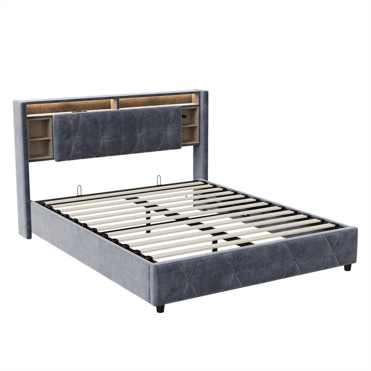 POLSTERBETT 160x200 cm mit LED-Beleuchtung - aufklappbarem Kopfteil & hydraulischem Bettkasten - Integrierte Ladestation - Grau, Textil (160/200cm) - DELFA