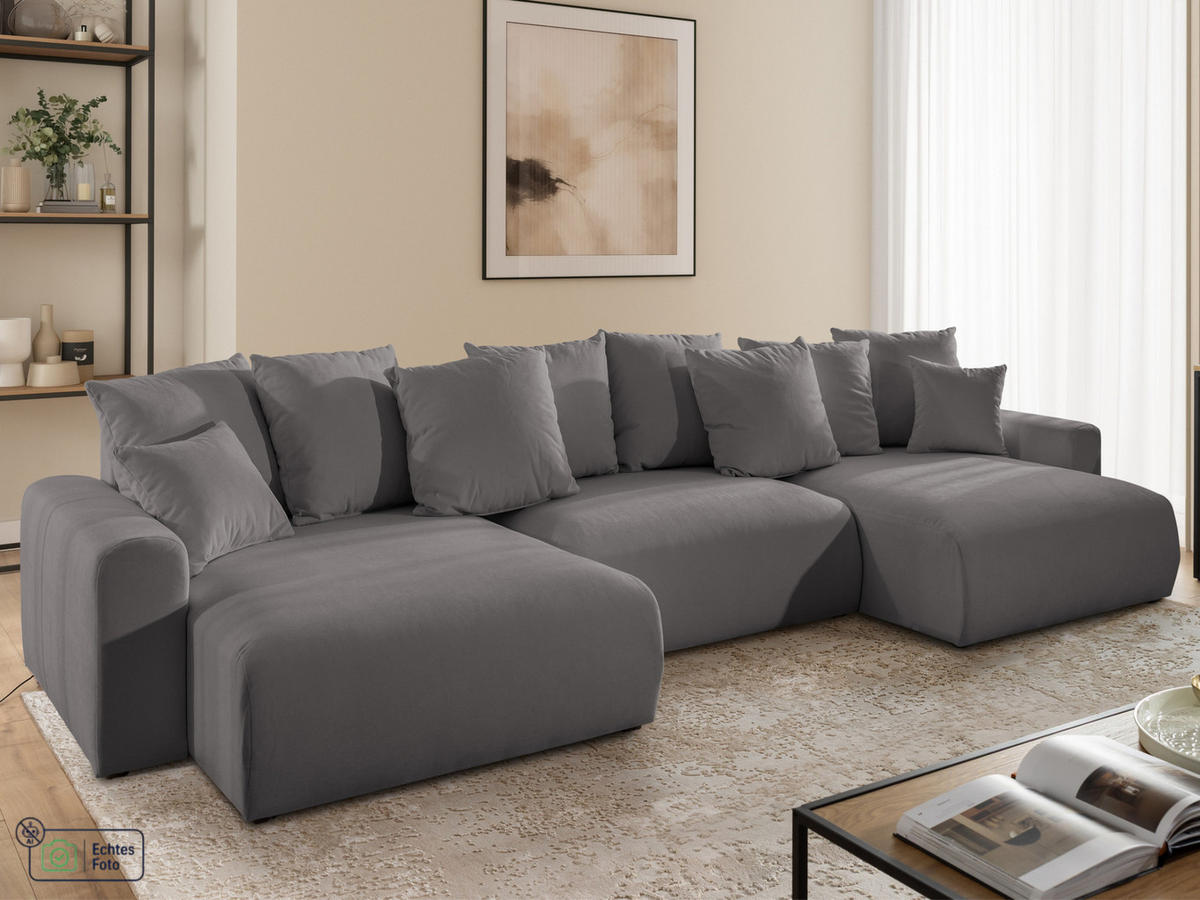 WOHNLANDSCHAFT Calma mit Schlaffunktion und Bettkasten im Bumpy-Design aus weichem Taupe Webstoff - Taupe/Schwarz, Holz/Textil (336/88/140cm) - S-Style