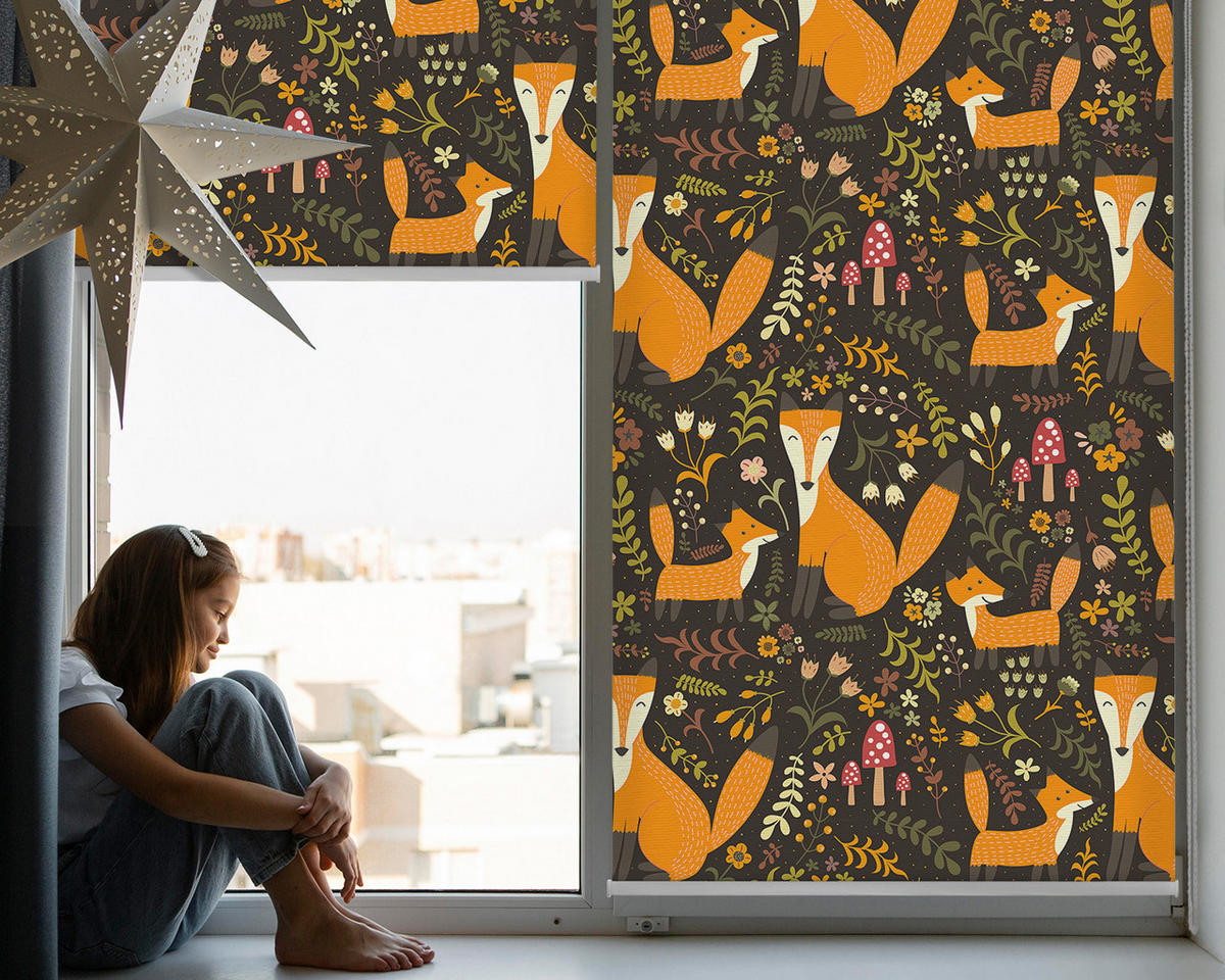 VNÚTORNÁ roleta - okenná roleta - roleta - 100x140 cm - Líšky a rastliny - oranžová, plast (100/140/0.5cm) - TULUP