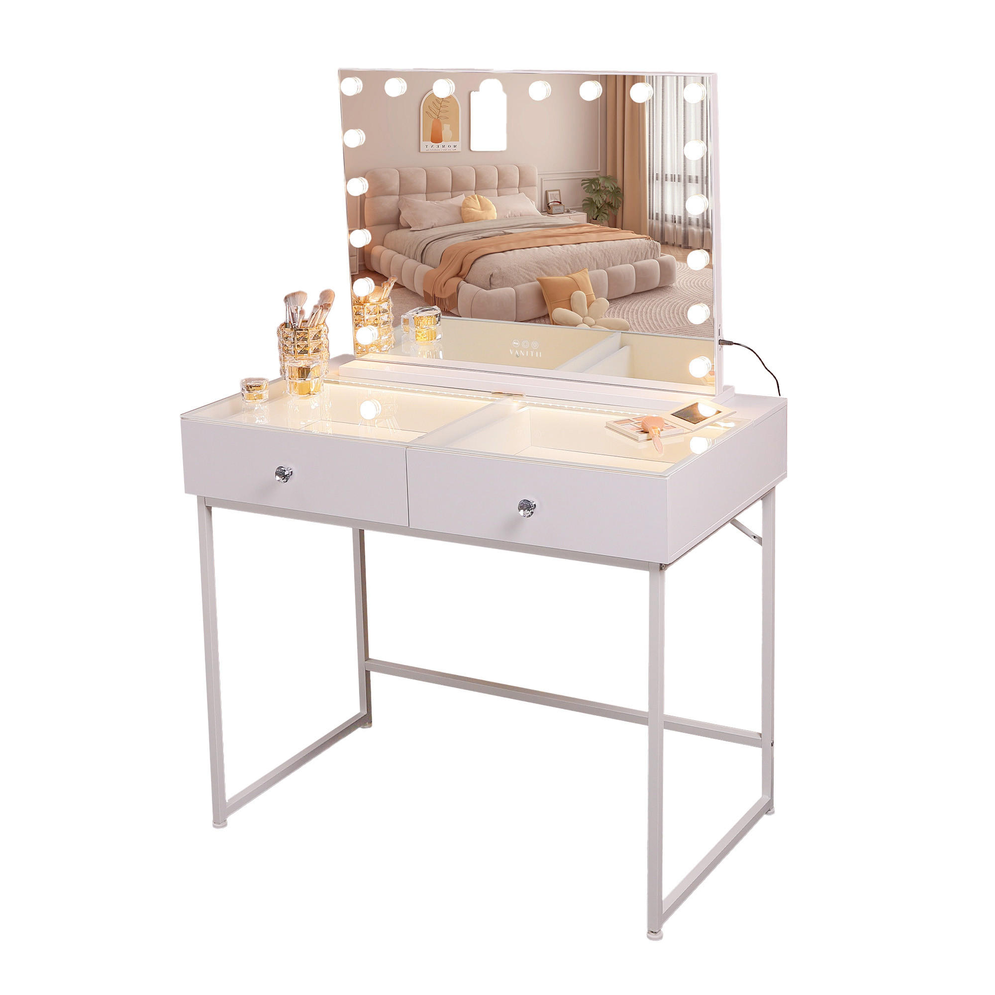 SCHMINKTISCH mit Beleuchtung Weiβ 100/55/81 CM Schminkspiegel 80/58 CM - Weiß, Holz/Metall (55/81/100cm) - VANITII